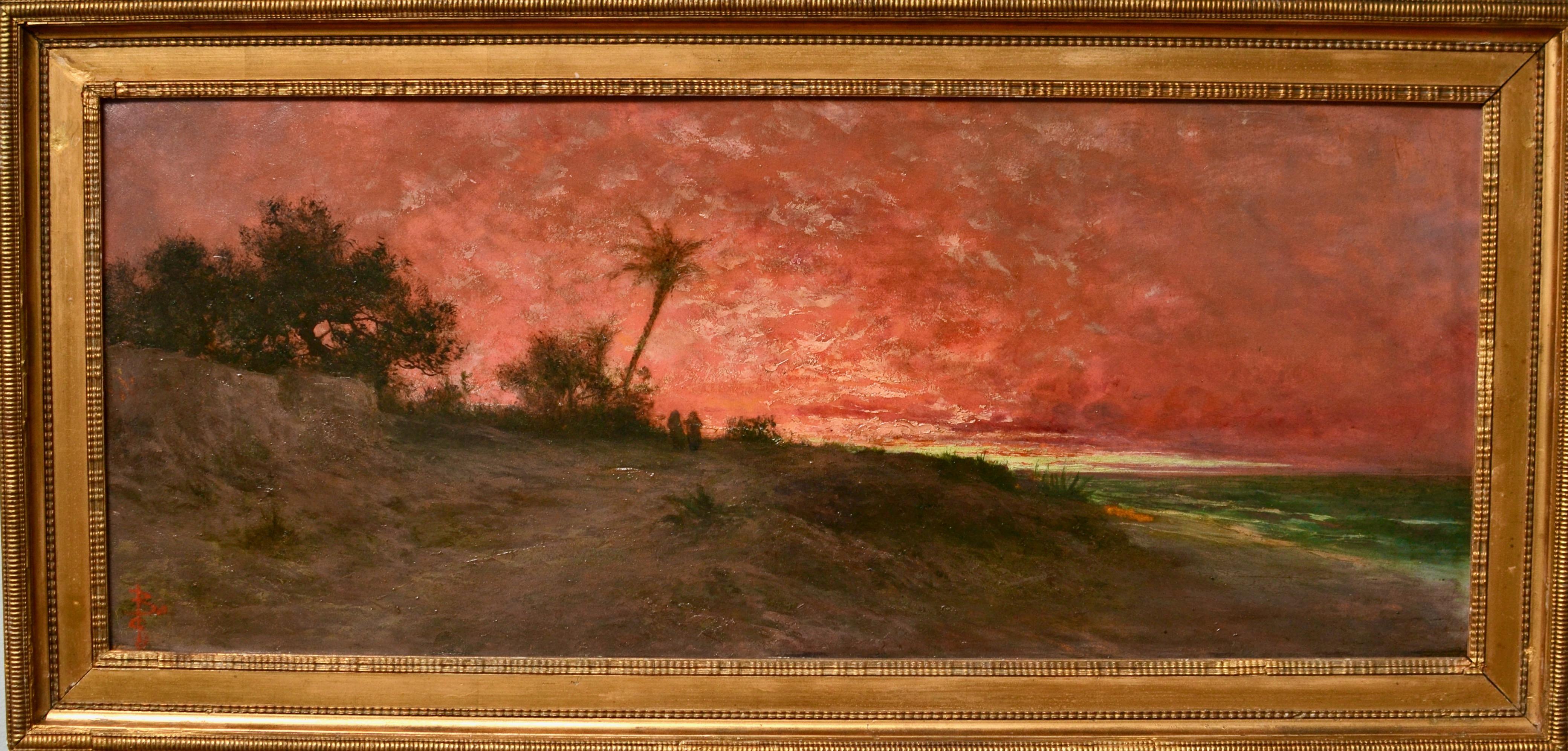 19th Century Oriental Sunset Landscape By The Sea - Brown Landscape Painting by Unknown