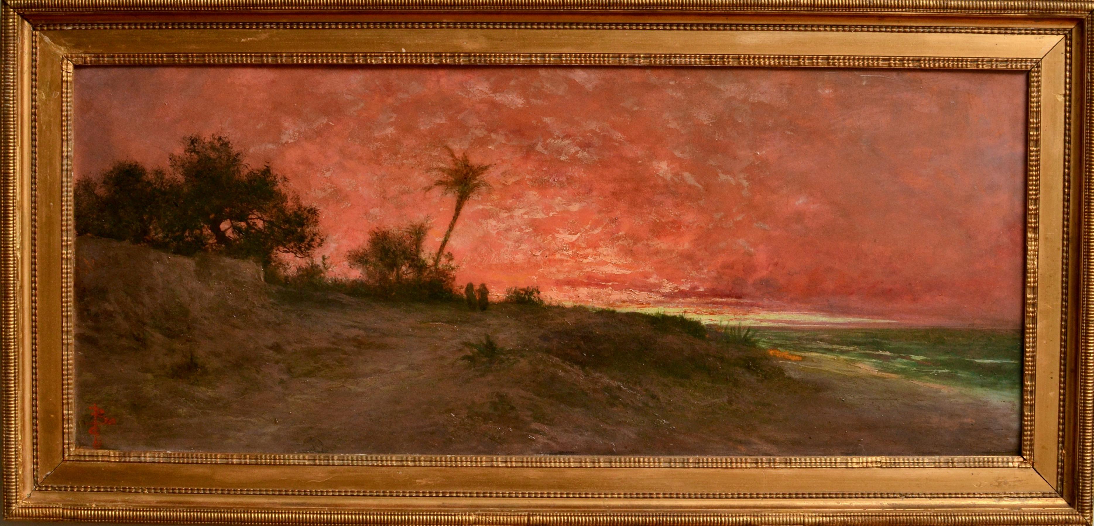 Unknown Landscape Painting - 19th Century Oriental Sunset Landscape By The Sea