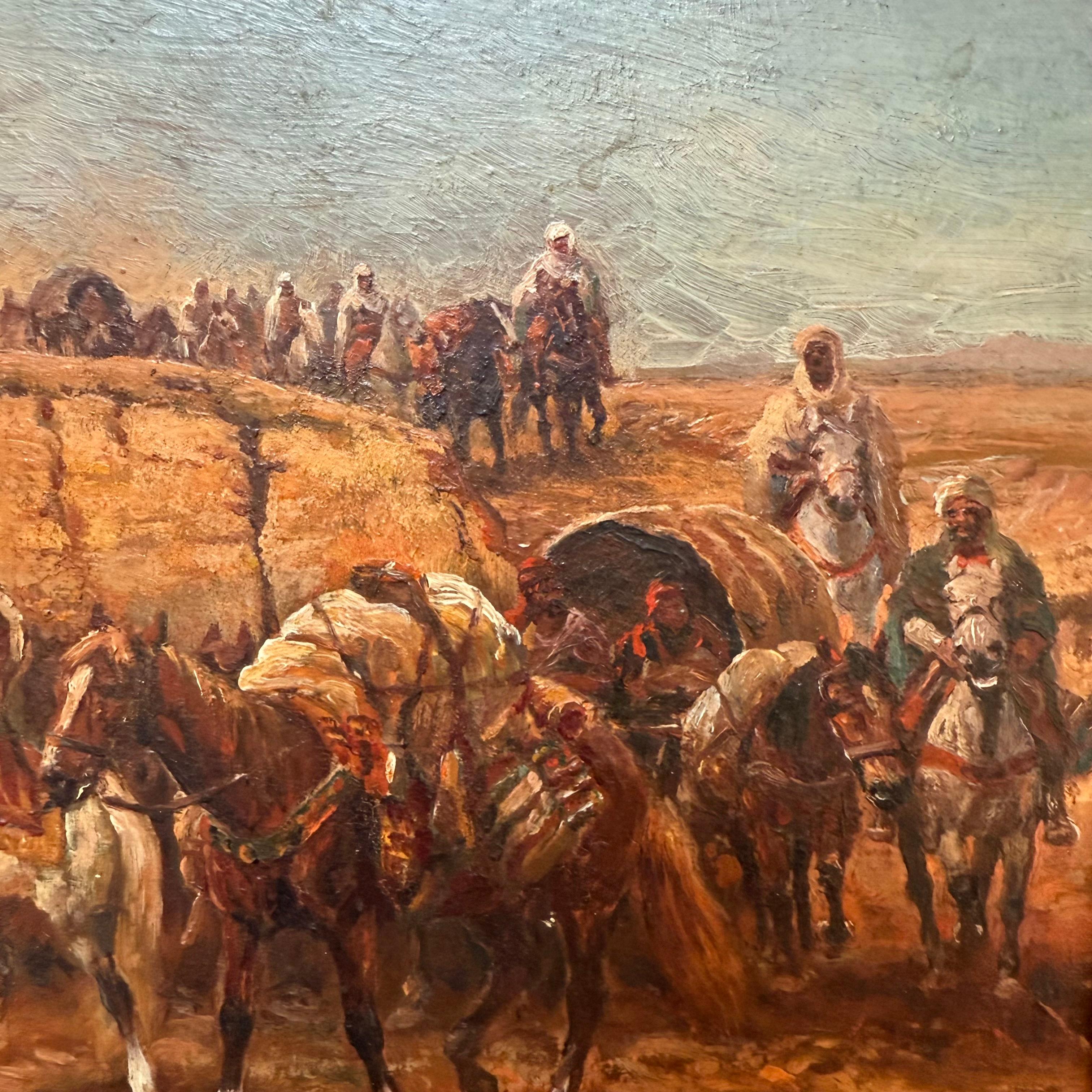 Orientalist Caravan Crossing Desert Rocks - Brown Figurative Painting by Unknown