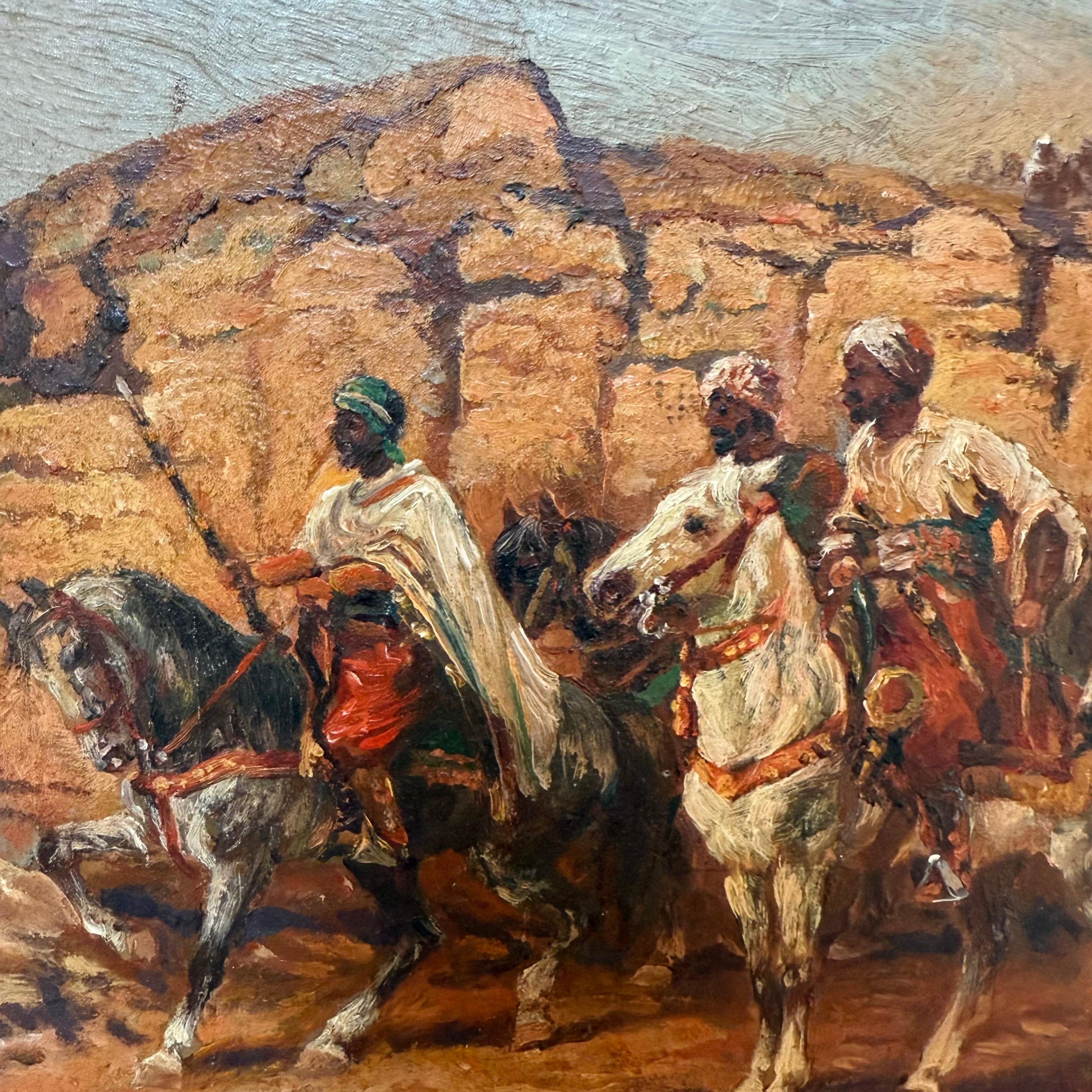 Title:
“Orientalist Caravan Scene” – Oil on Board, Late 19th Century

Description:
This finely executed 19th-century Orientalist painting depicts a caravan of mounted riders and camels traveling across a rocky desert terrain. The work reflects the