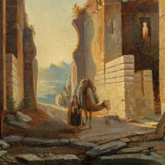 Orientalist European painter - 19th century Arab city street with caravan