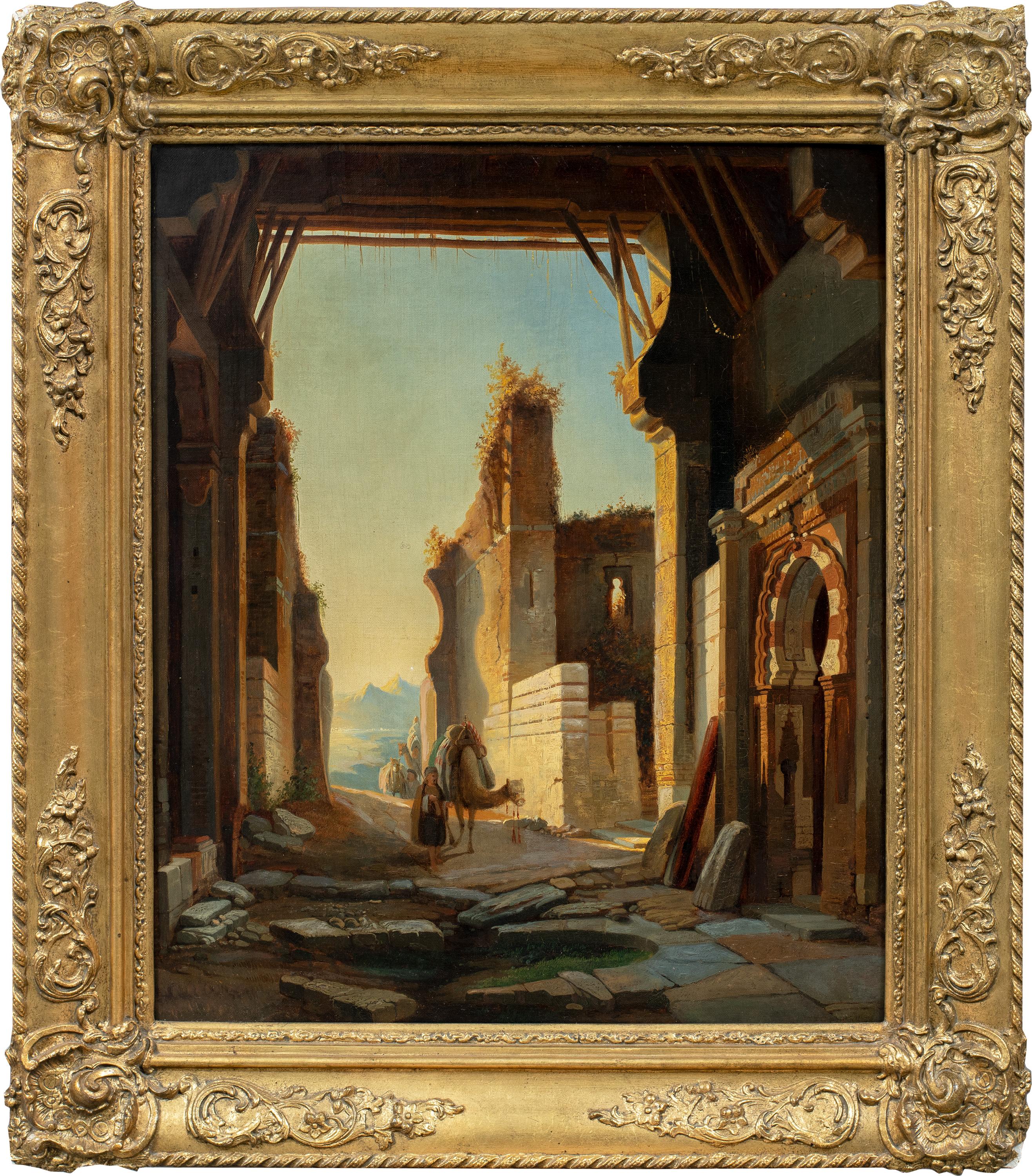 Orientalist European painter - 19th century Arab city street with caravan