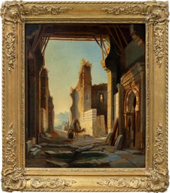 Orientalist European painter - 19th century Arab city street with caravan