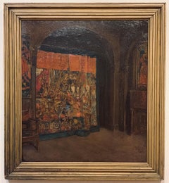 Orientalist Oil Painting of an Interior with Screen, circa 1890-1900.