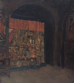 Orientalist Oil Painting of an Interior with Screen, circa 1890-1900.