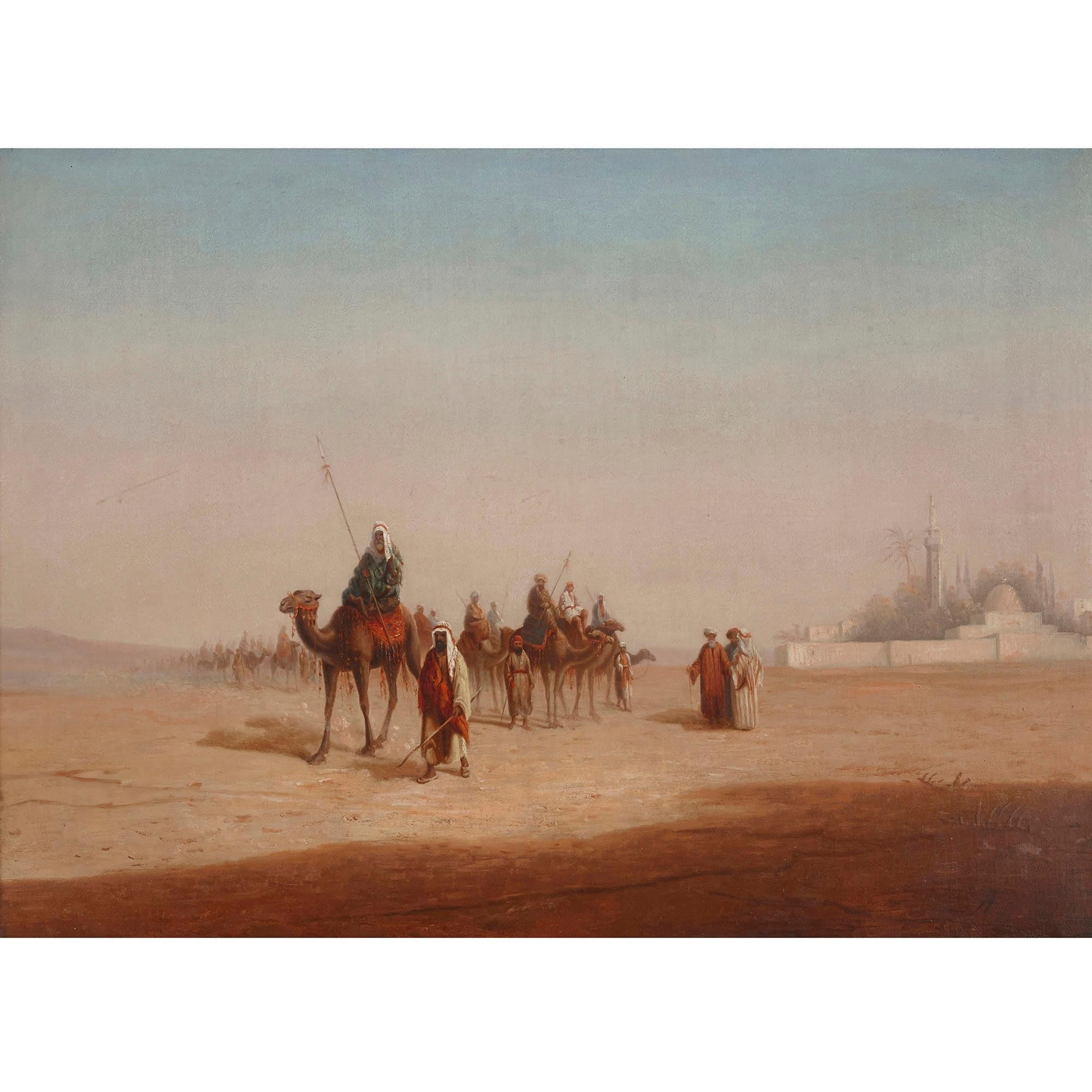 Orientalist oil painting of desert caravan - Painting by Unknown