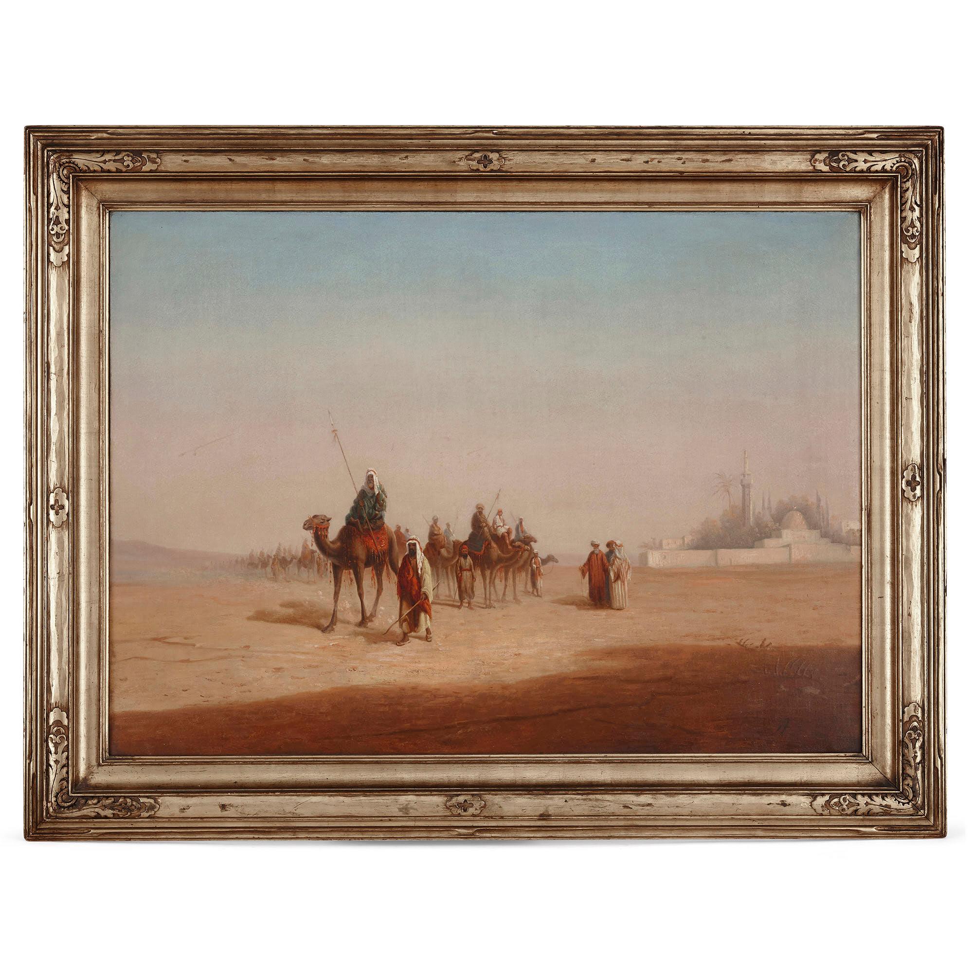 Unknown Landscape Painting - Orientalist oil painting of desert caravan