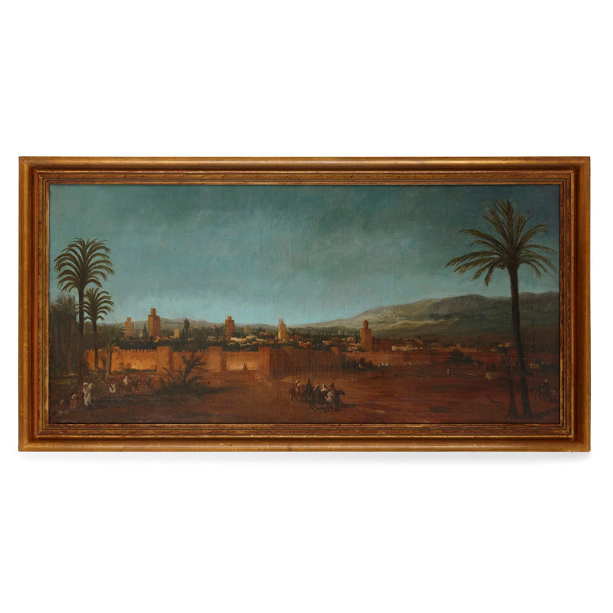 Landscape Painting Unknown - Peinture à l'huile orientaliste de la ville marocaine de Fez