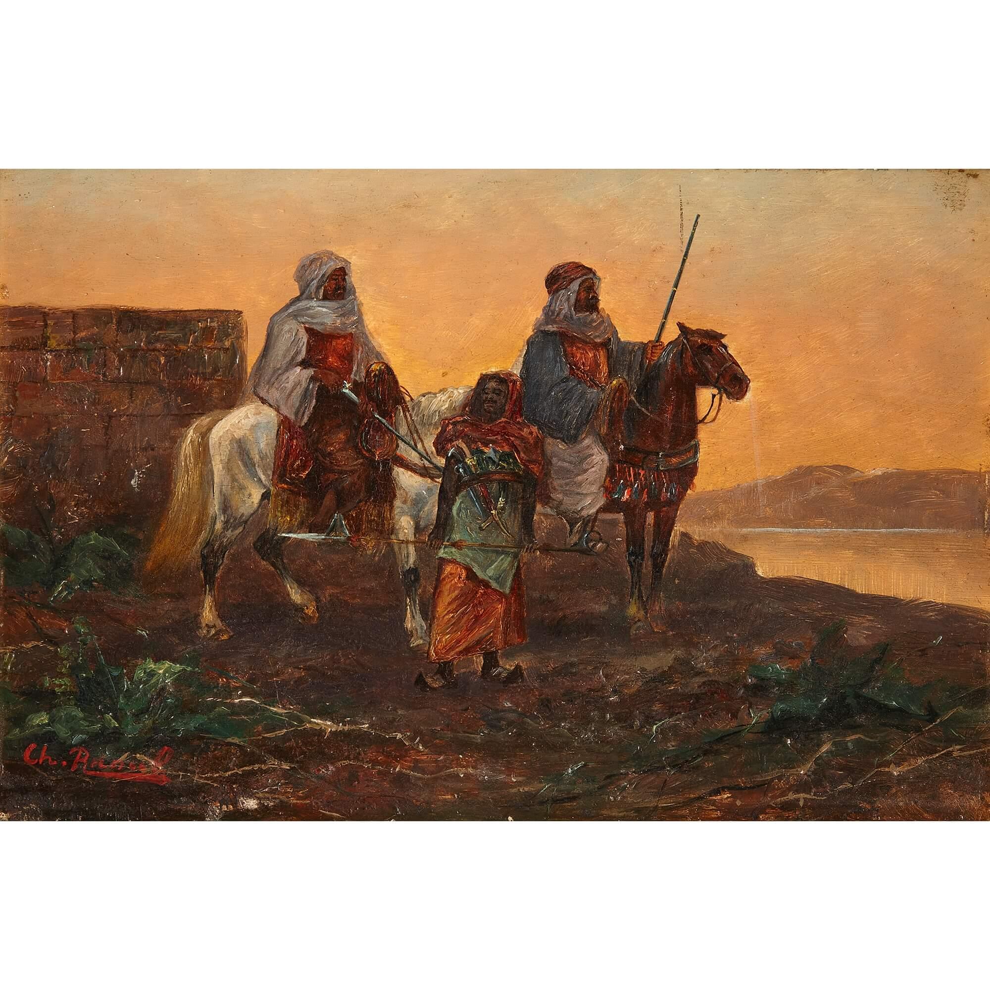 Orientalist oil painting with Equestrian subject
Continental, Early 20th century
Canvas size: Height 21cm, width 32cm
Framed size: Height 30cm, width 40cm, depth 3cm

Drawing upon a desirable Orientalist subject, this cinematic oil on panel painting