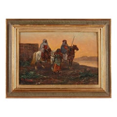 Pittura ad olio orientalista con soggetto equestre