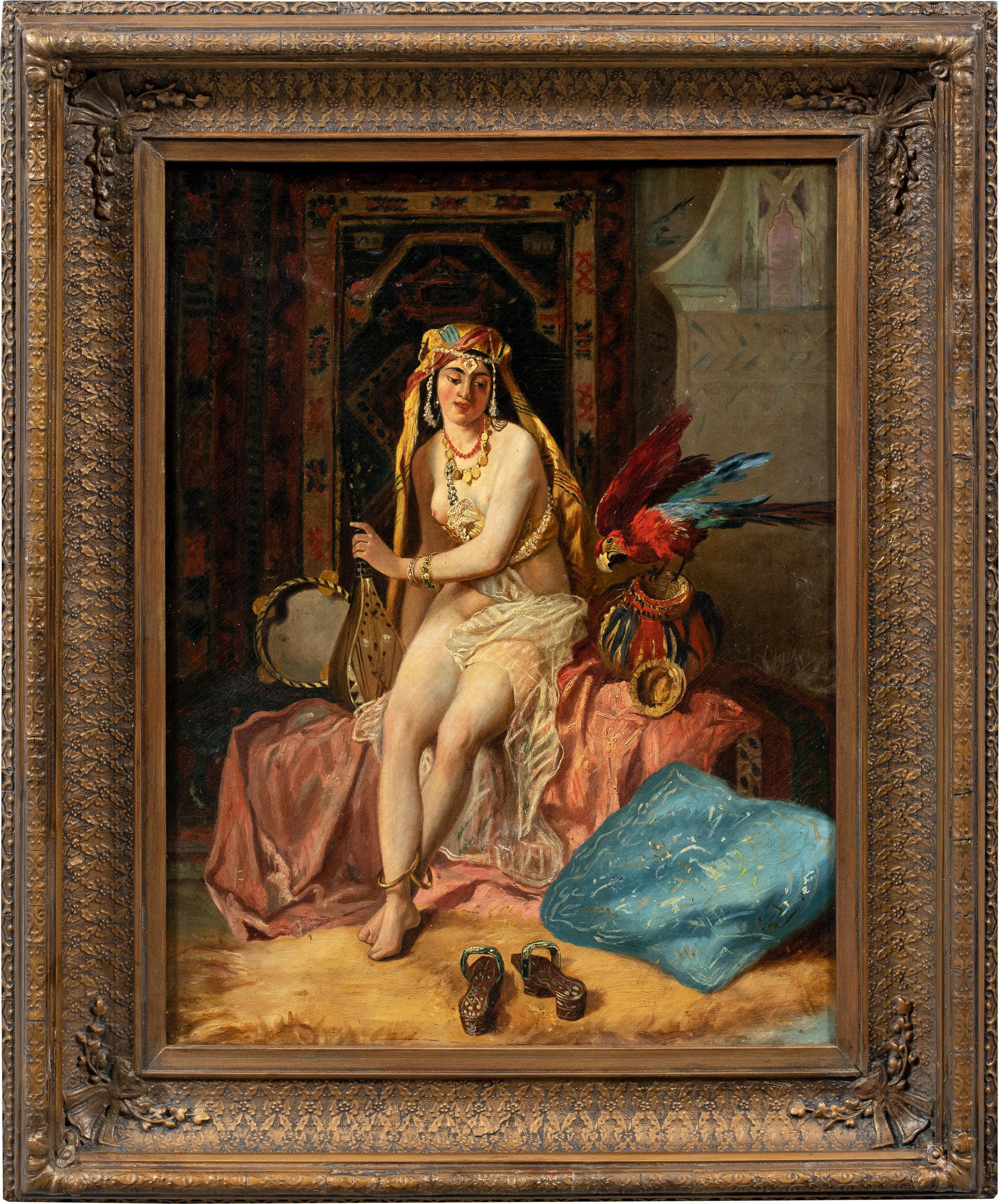 European Orientalist painter - 19th century Odalisque with Parrot oil on canvas