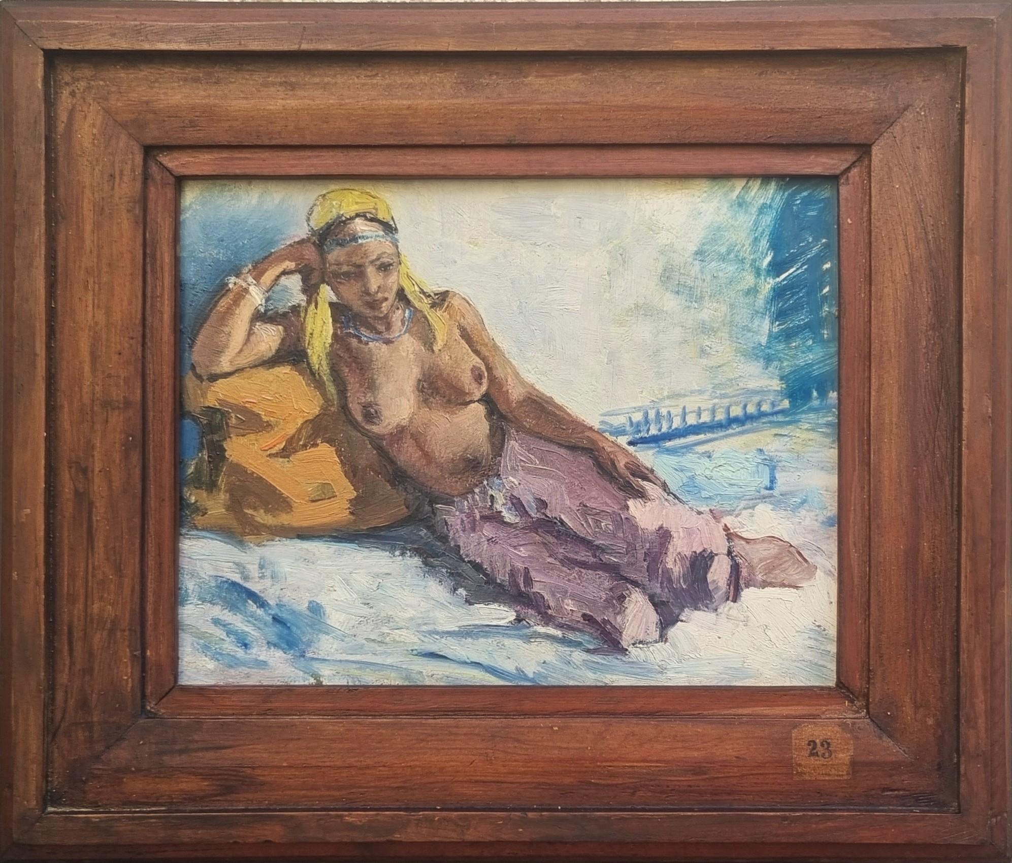 Pittura orientalista 20° Art deco Odalisca Donna nuda Wood panel - Painting di Unknown