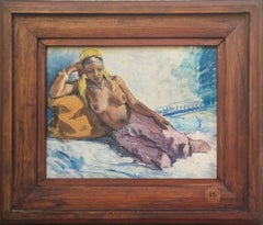 Orientalist Painting 20th Art deco Odalisque Woman nude Wood panel