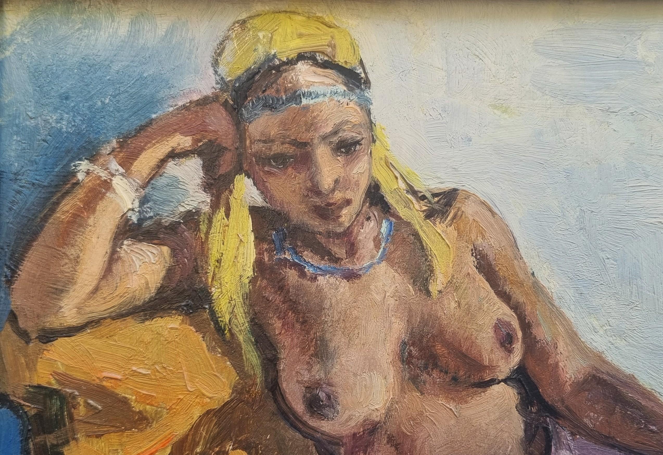 Pittura orientalista 20° Art deco Odalisca Donna nuda Wood panel - Nude Painting Grigio di Unknown