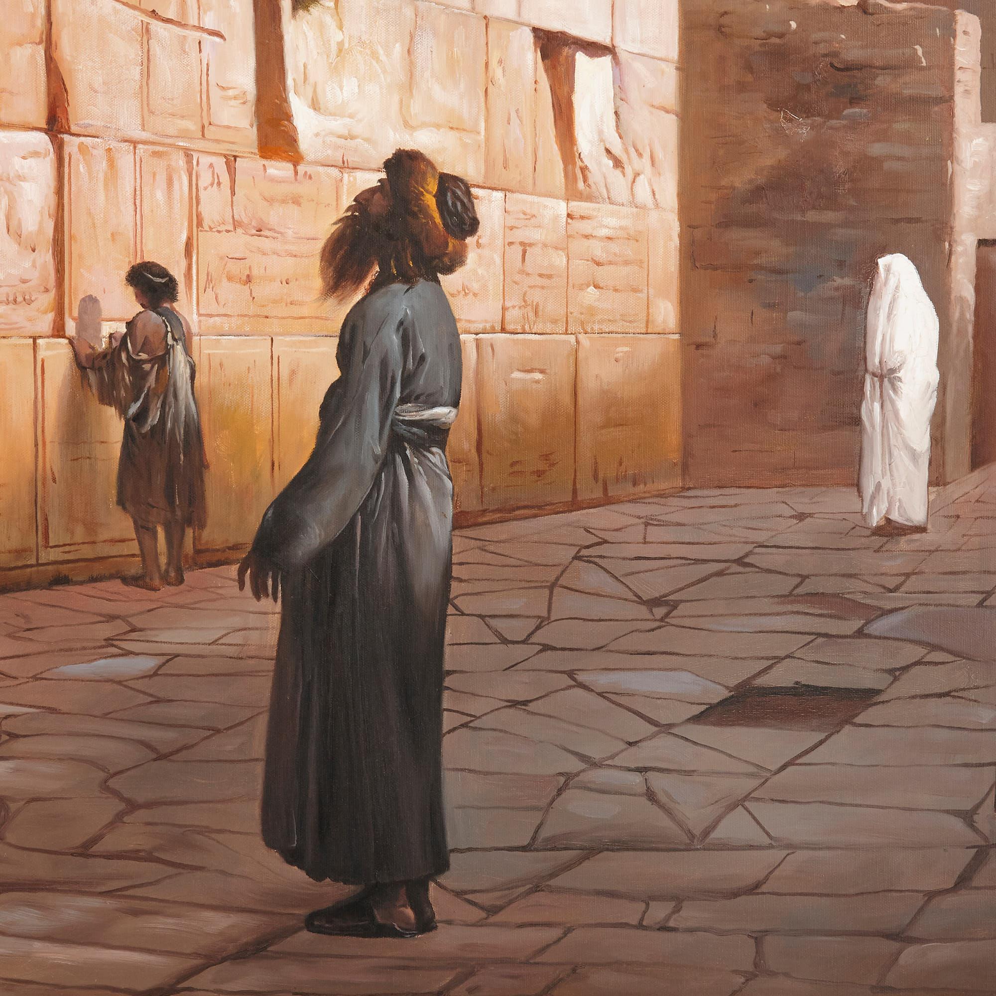 This beautiful painting portrays the Wailing Wall—also known as Solomon’s Wall—in Jerusalem. The painting is after an original by Jean-Léon Gérôme from 1876. The artist of this present piece has employed a light colour palette and utilised moments