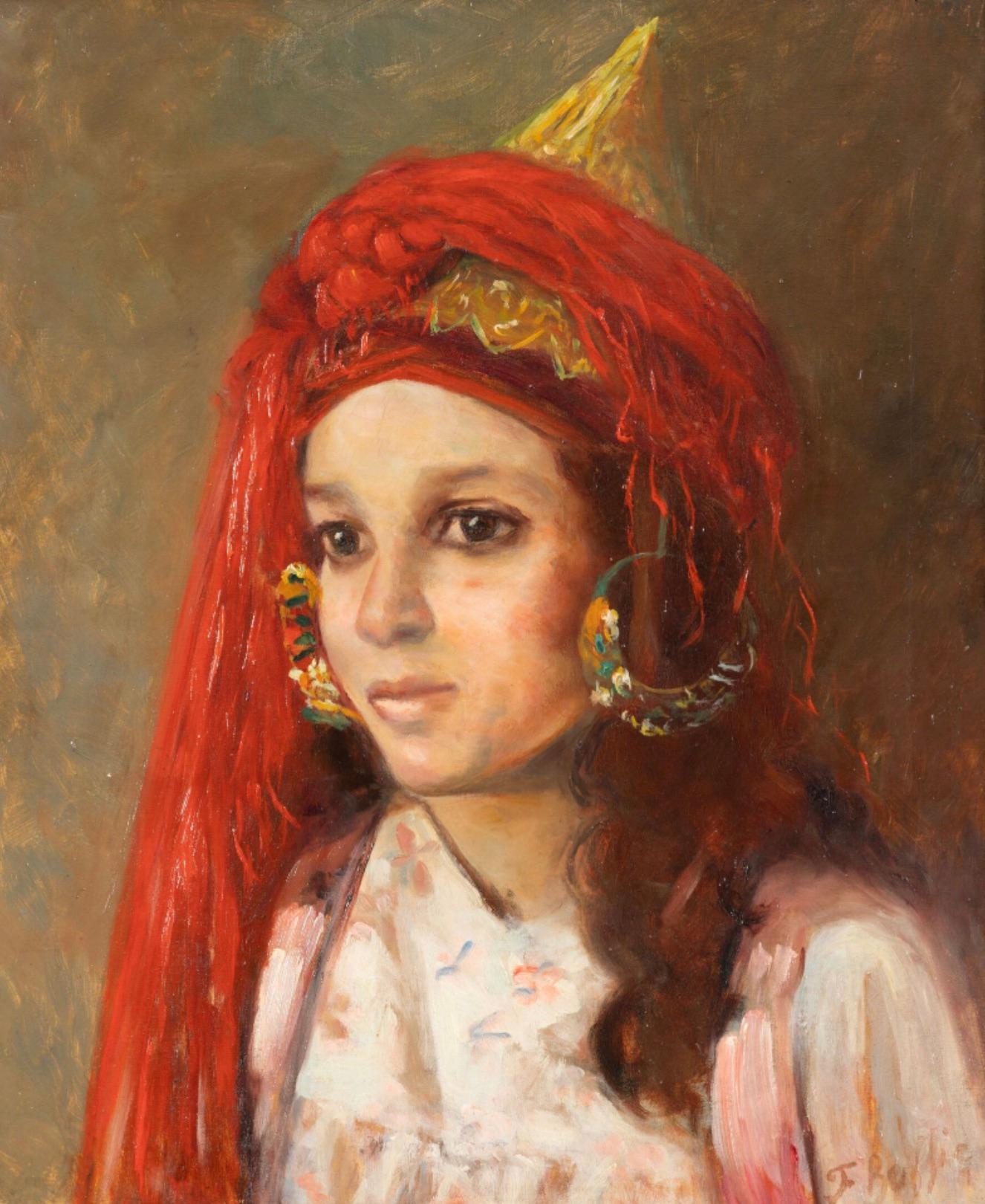 Scuola orientalista, Ritratto di giovane donna, XX secolo, Tela ad olio originale