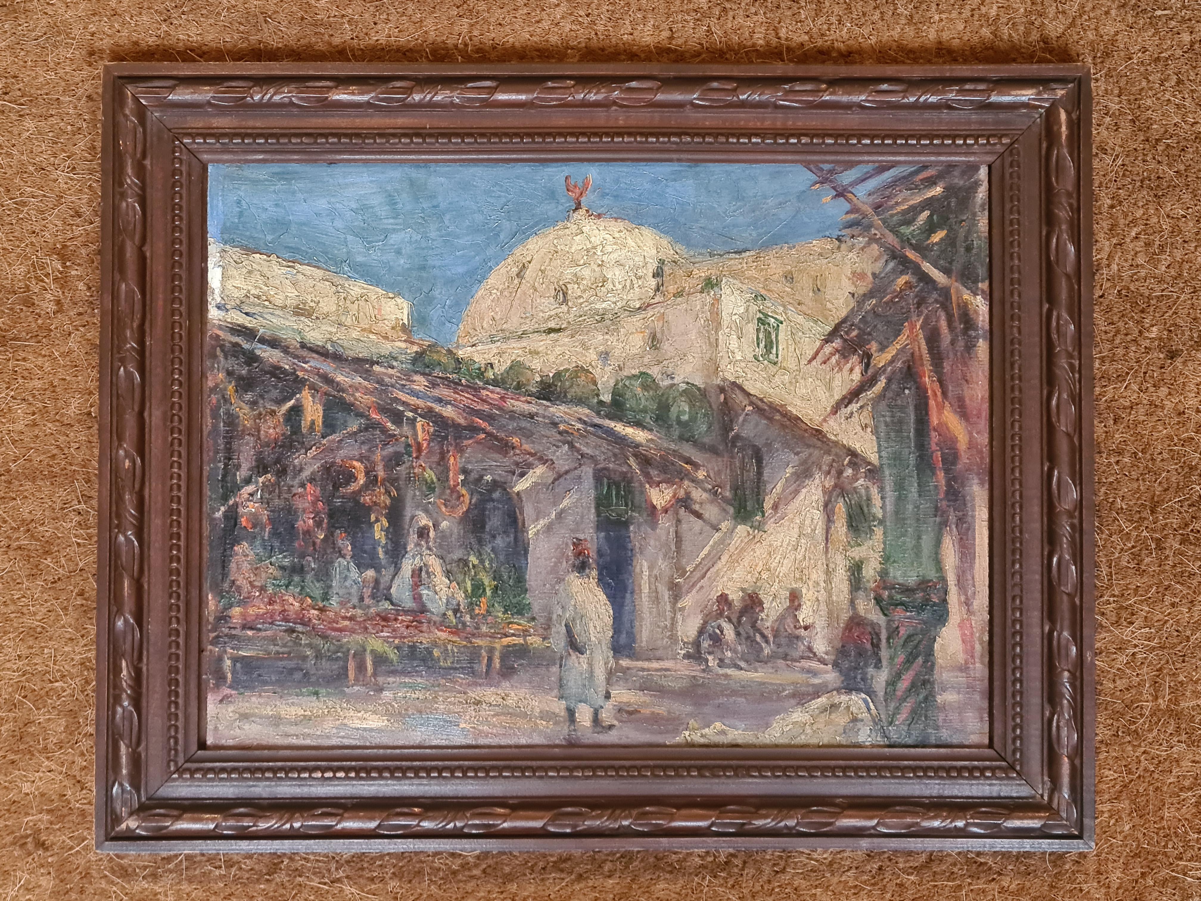 Orientalist View of Vendors in a Market, signed CA - Painting by Unknown