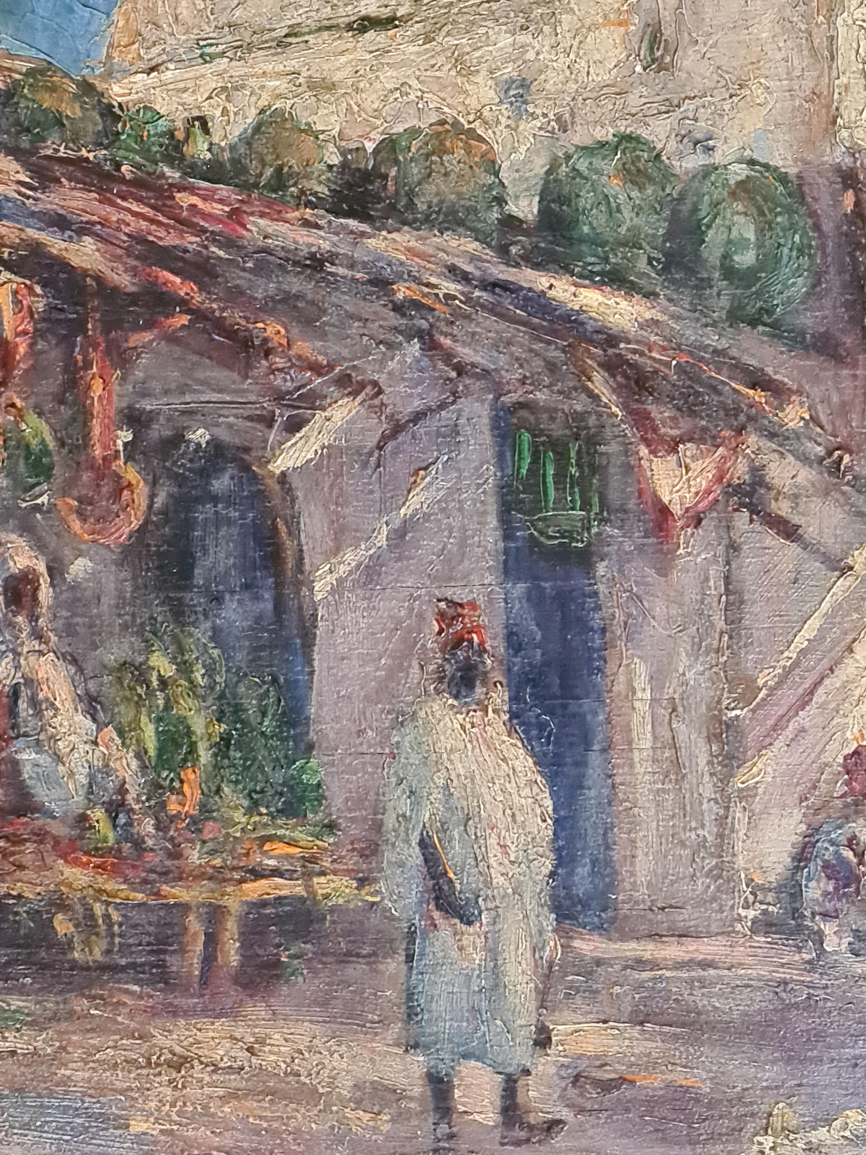 Late 19th Century French Orientalist oil on wood panel of vendors in a street market. Signed with initials 'CA' bottom right, titled by the artist to the back of the panel, 'Marche a ?Tunis?' presented in period chip carved frame.

The work is