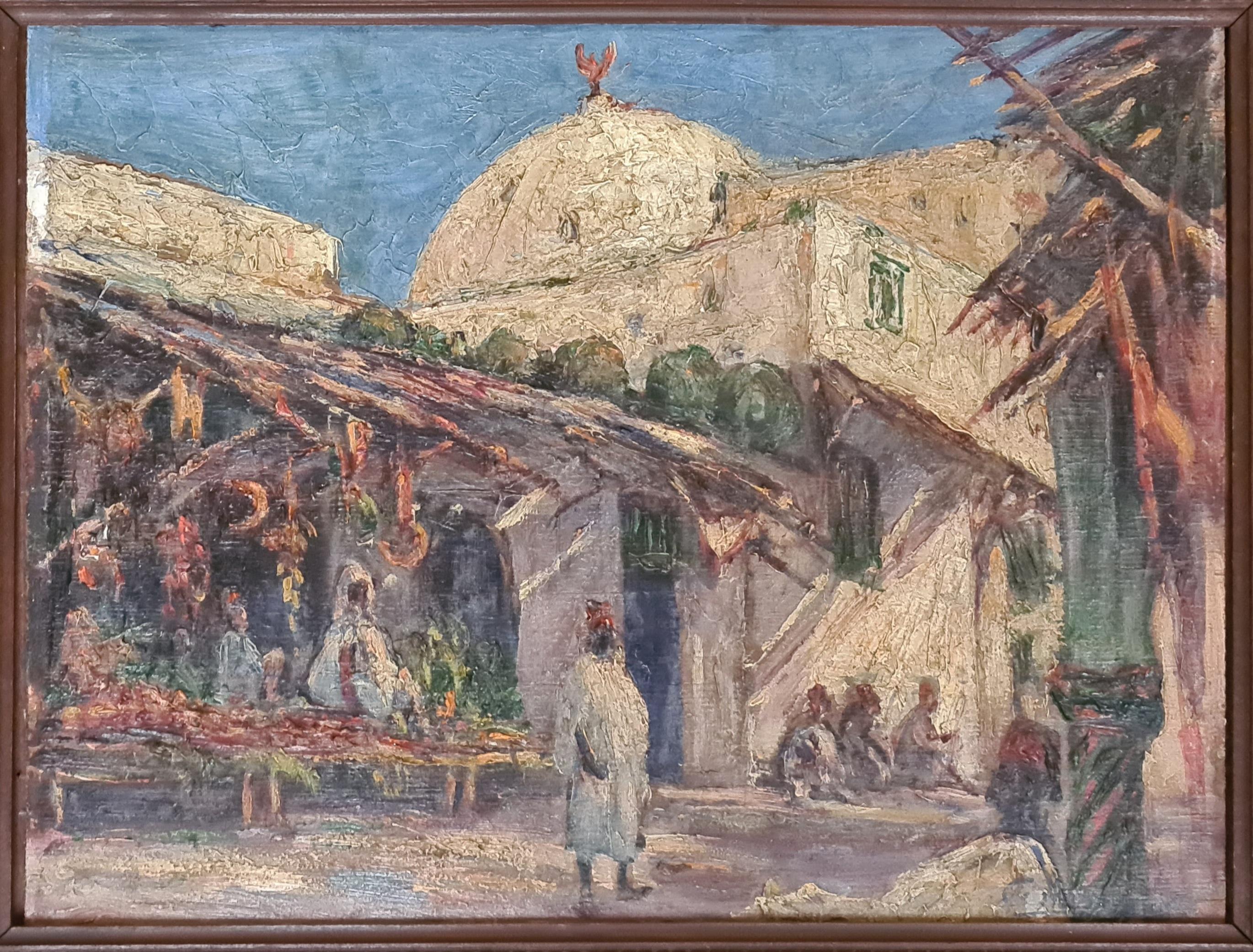 Unknown Figurative Painting - Orientalist View of Vendors in a Market, signed CA