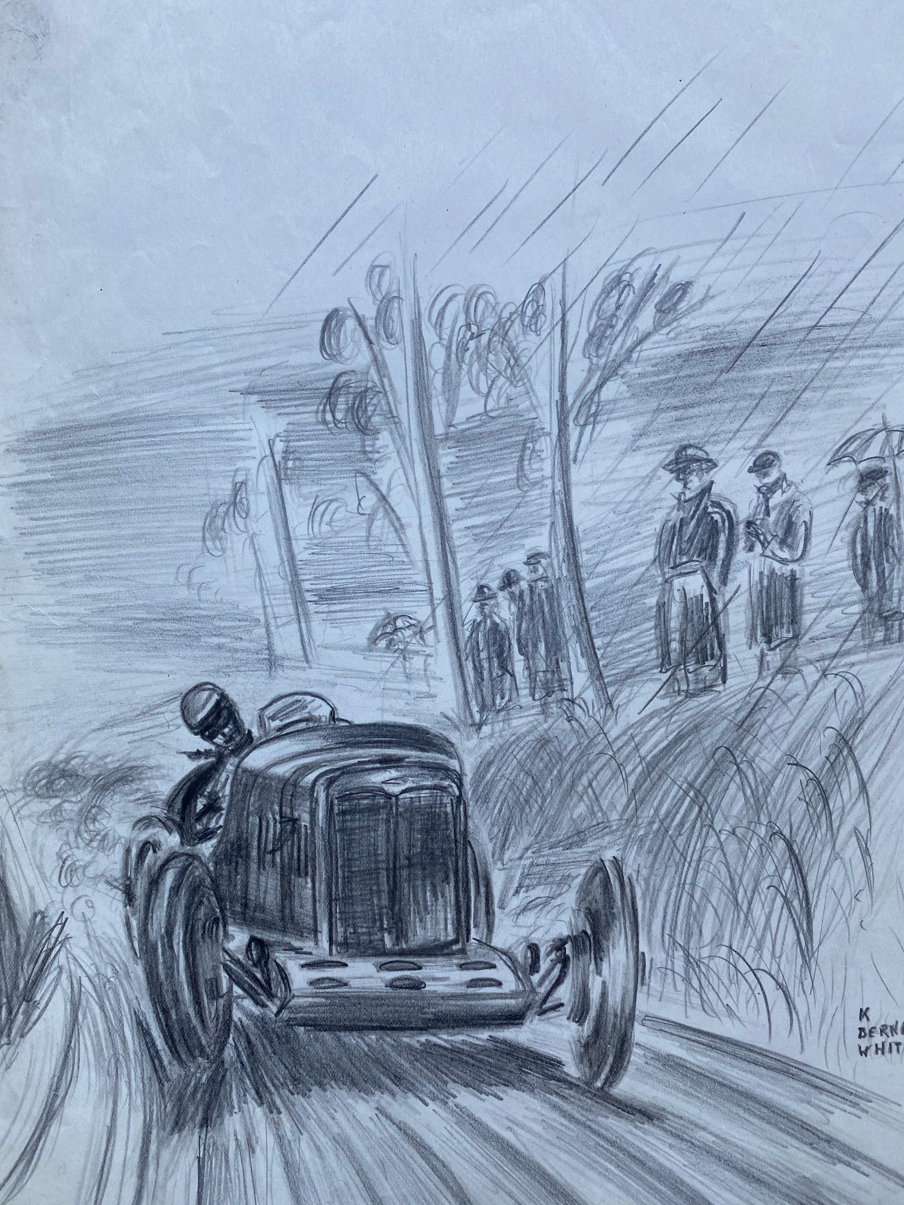 Disegno originale di auto da corsa d'epoca degli anni '30 firmato e datato - Painting di Unknown