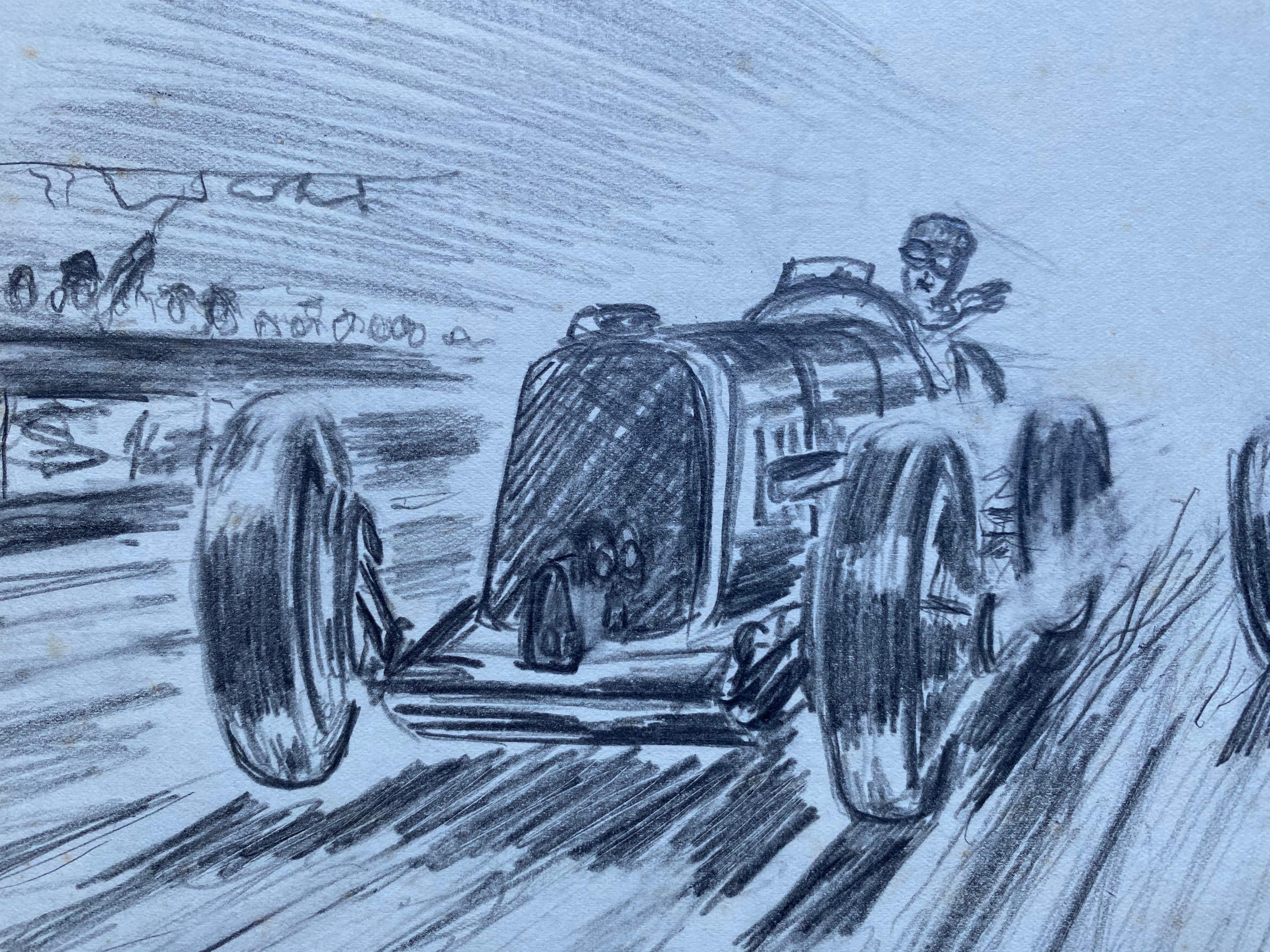 Dibujo original de carreras de coches de época de los años 30 firmado y fechado - Painting de Unknown