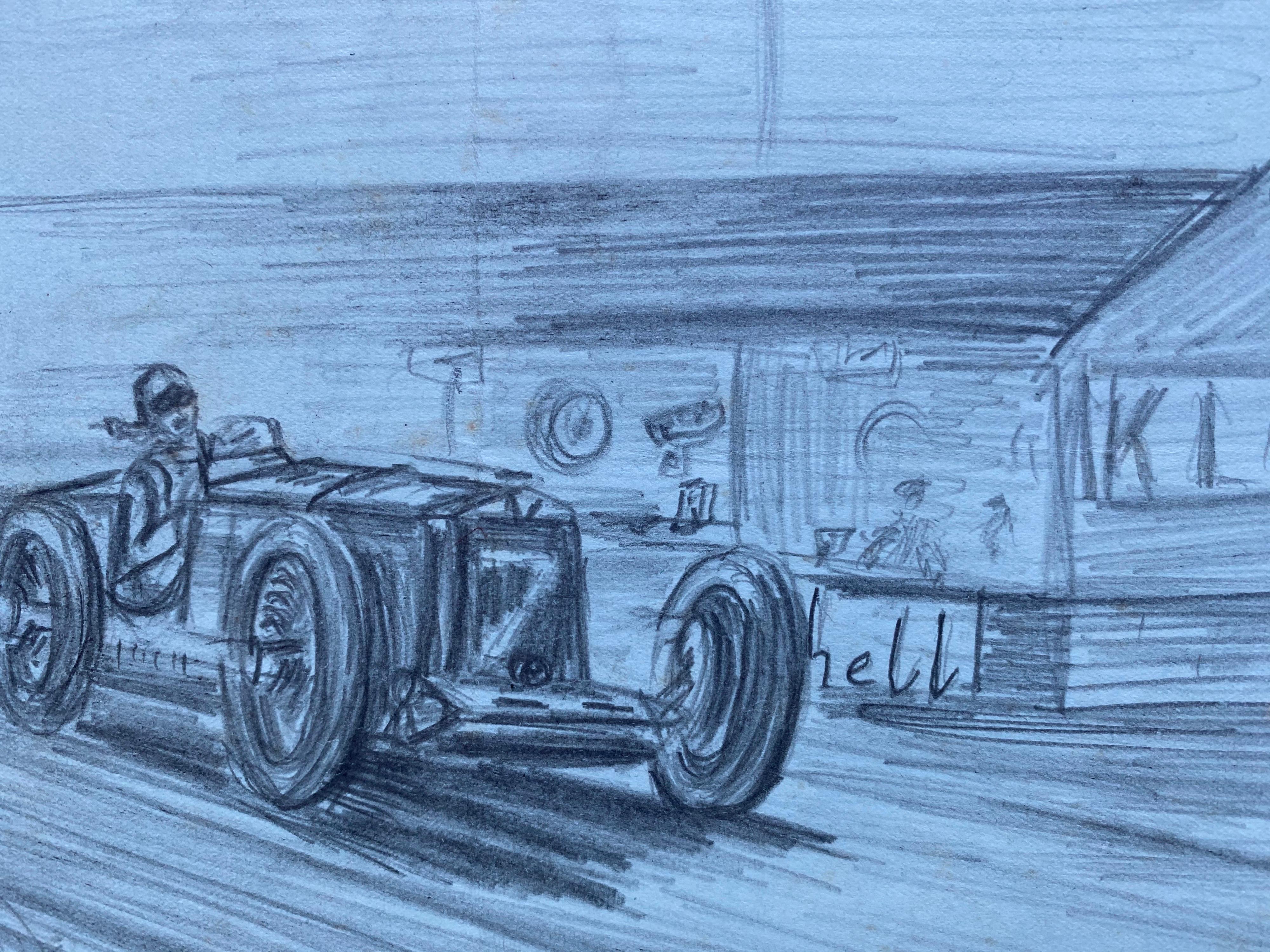 Dibujo original de carreras de coches de época de los años 30 firmado y fechado - Painting de Unknown