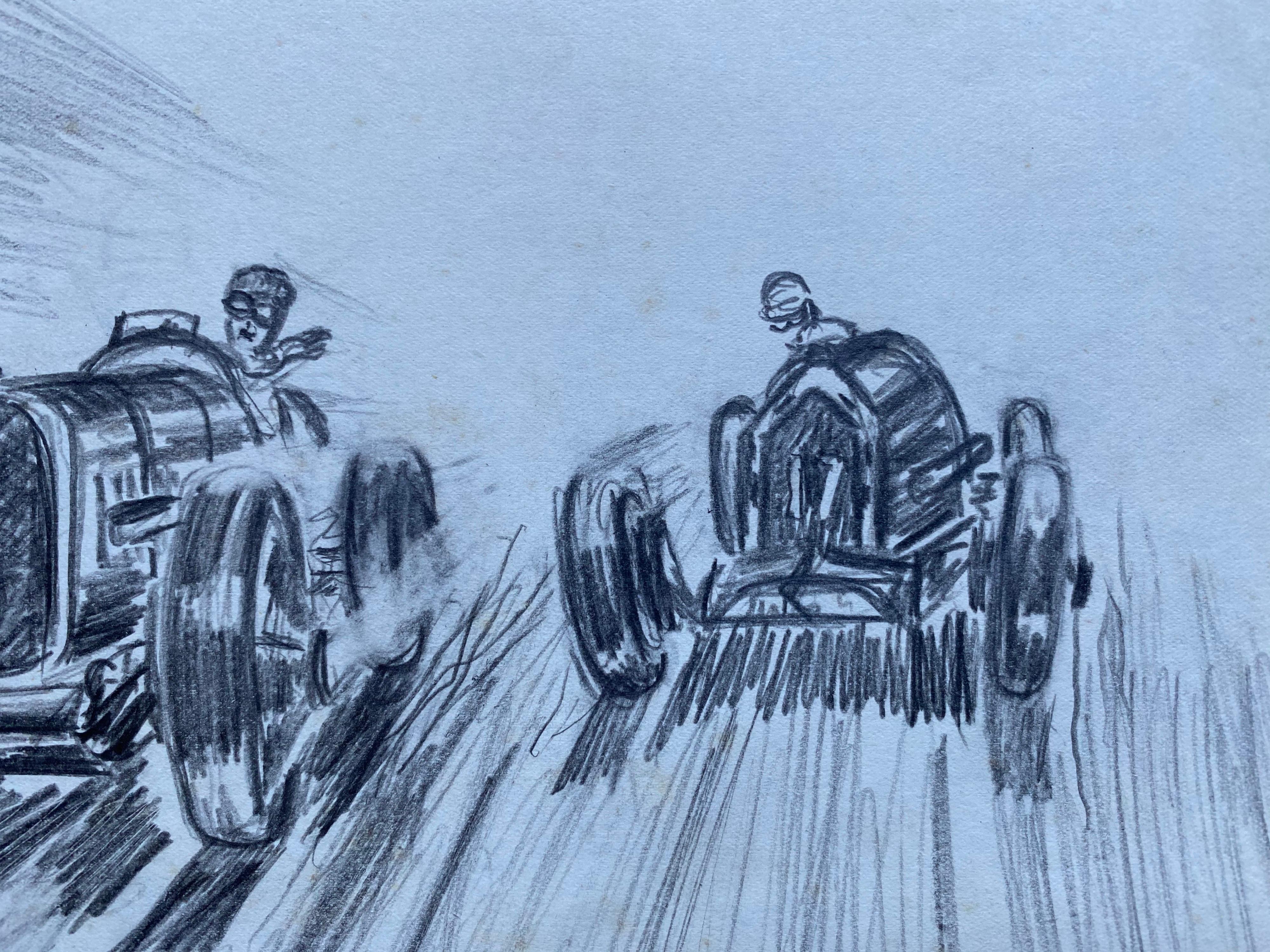 Dibujo original de carreras de coches de época de los años 30 firmado y fechado - Painting Art Decó de Unknown