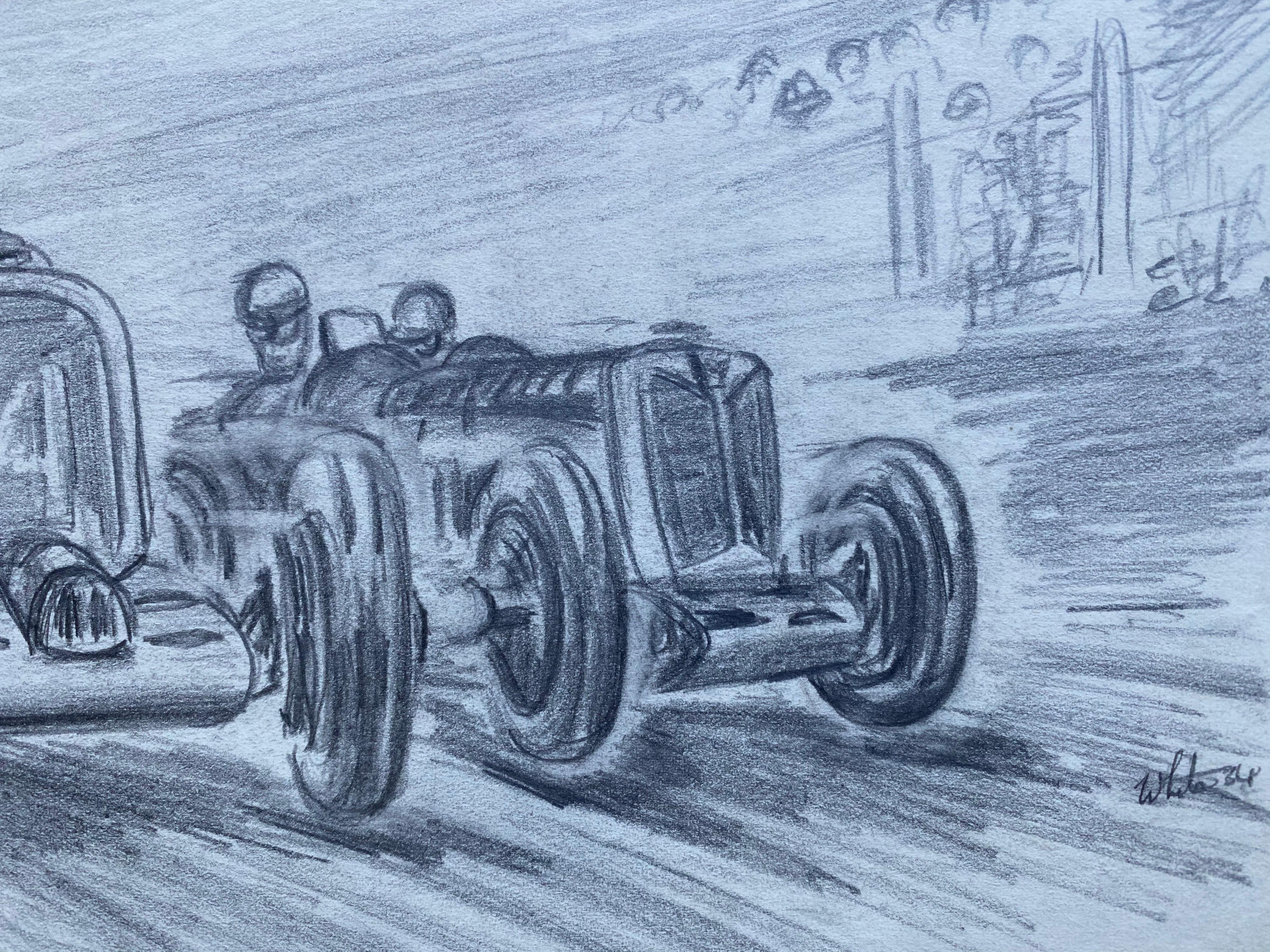 Dibujo original de carreras de coches de época de los años 30 firmado y fechado - Painting Art Decó de Unknown