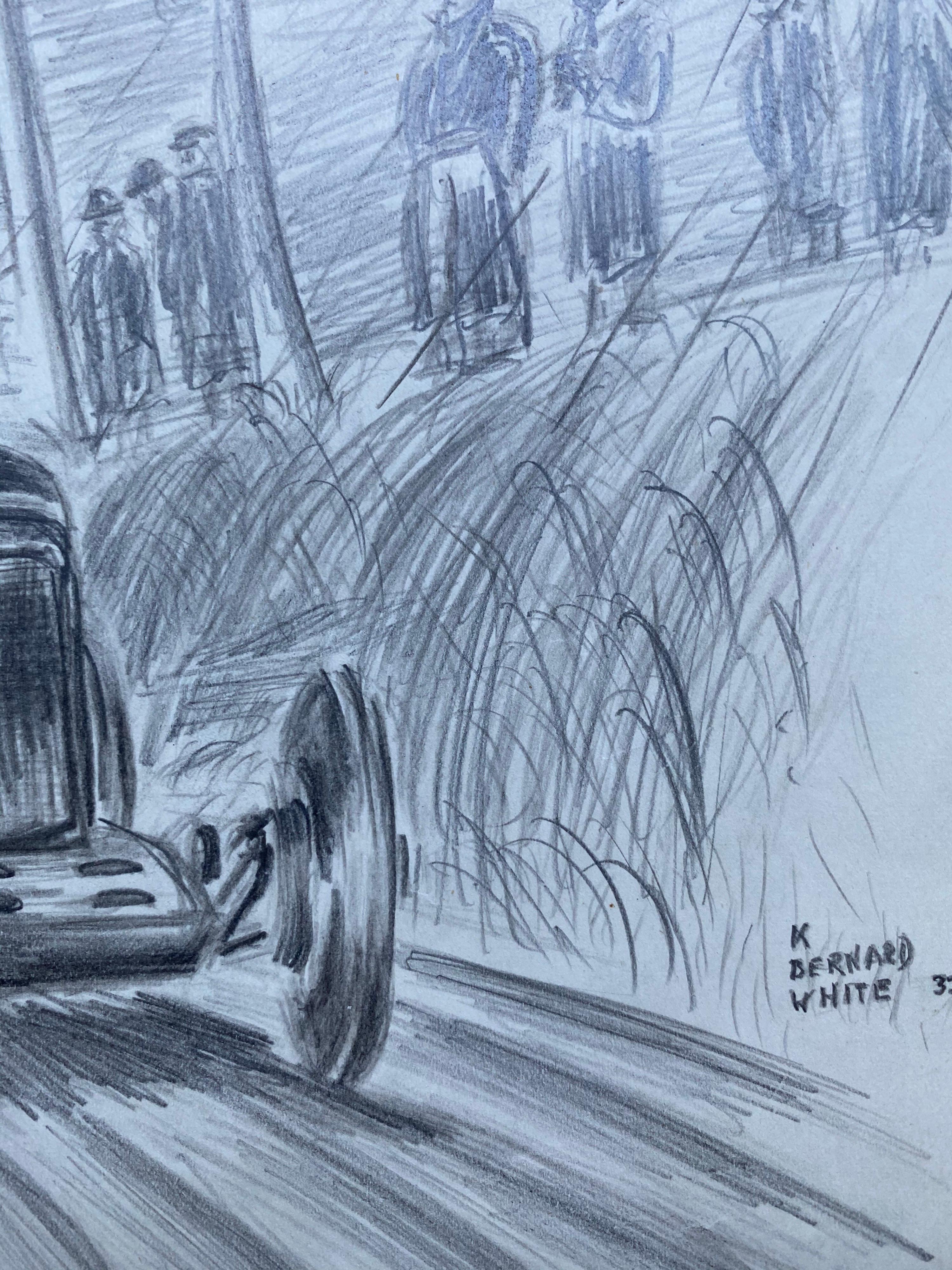 Disegno originale di auto da corsa d'epoca degli anni '30 firmato e datato - Still-Life Painting Blu di Unknown