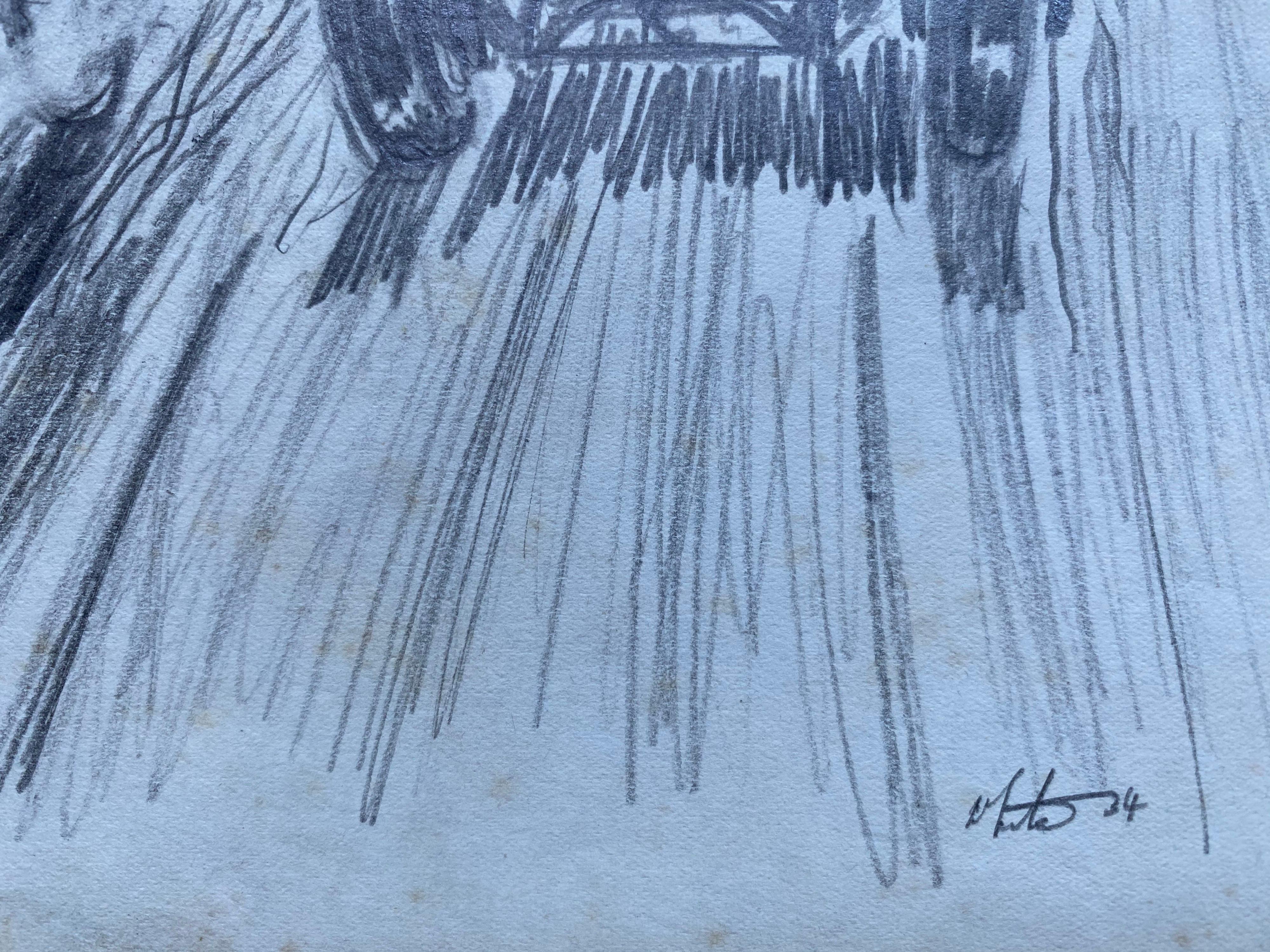 Dibujo original de carreras de coches de época de los años 30 firmado y fechado - Still-Life Painting Azul de Unknown