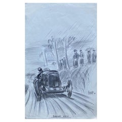 Original 1930's Vintage Motor Car Racing Original Zeichnung signiert datiert
