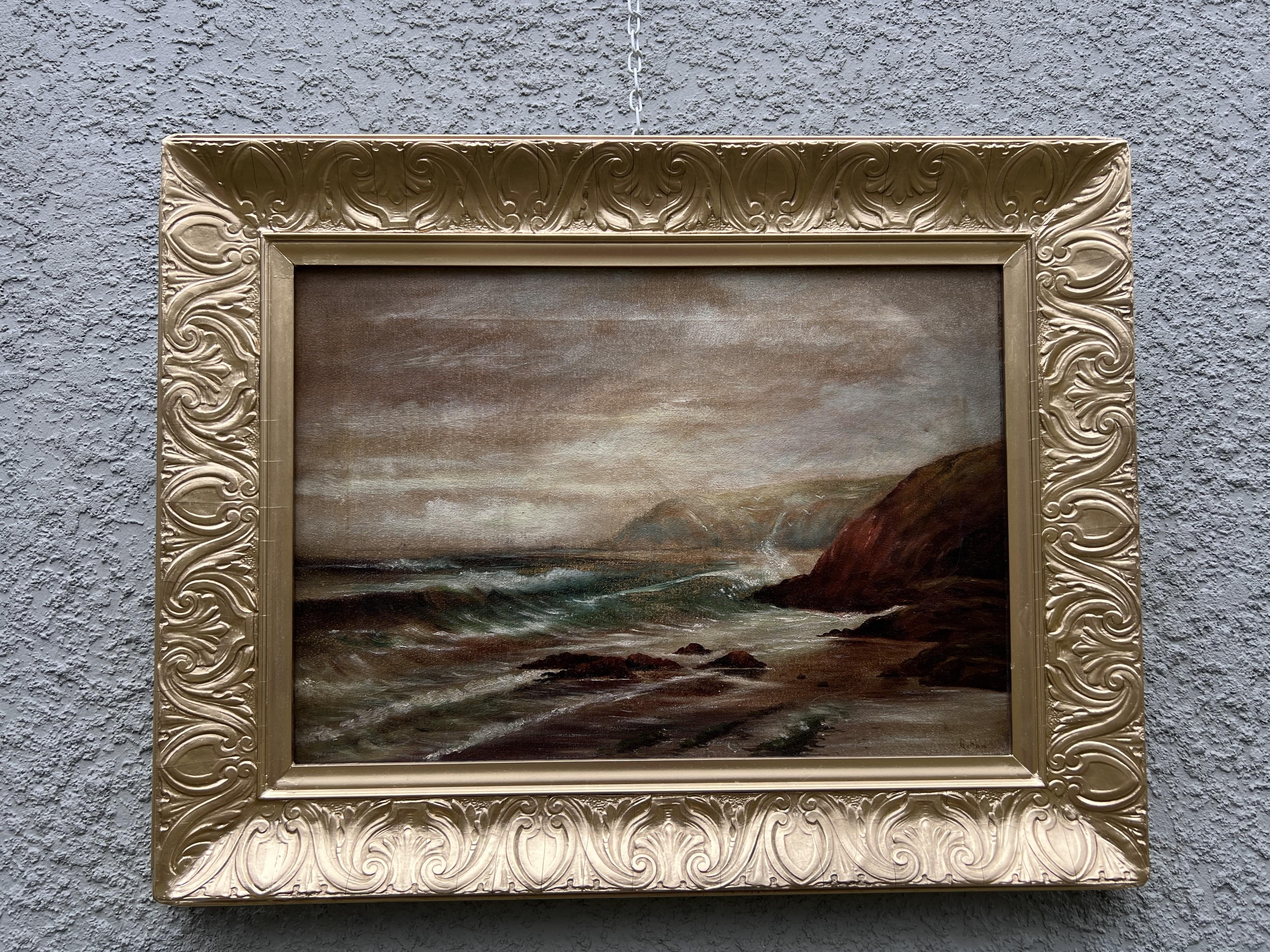 Original 19th century Antique Oil painting on canvas, seascape, Signed, Framed - Painting di Unknown
