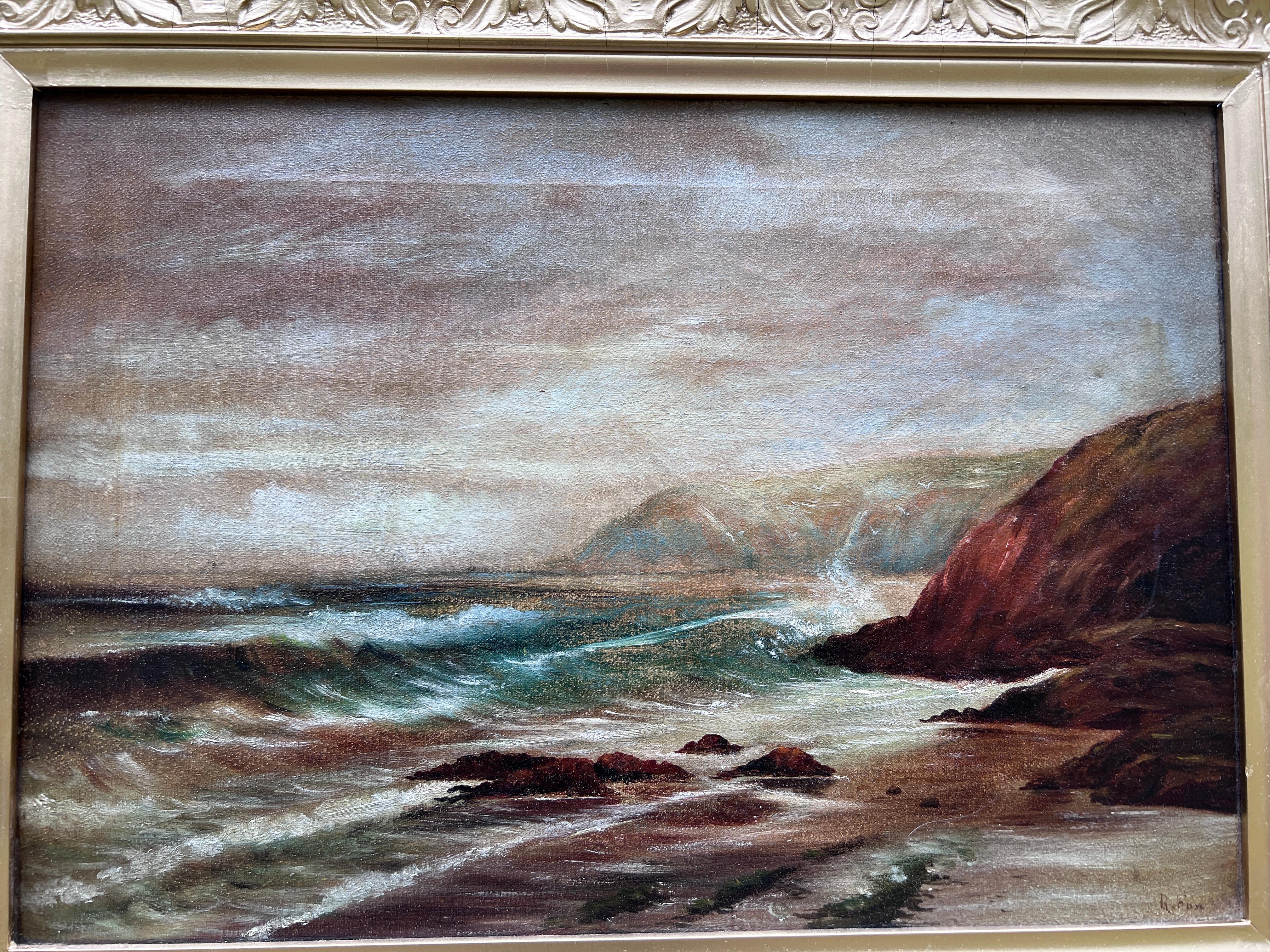 Original 19th century Antique Oil painting on canvas, seascape, Signed, Framed - Painting Impressionismo di Unknown