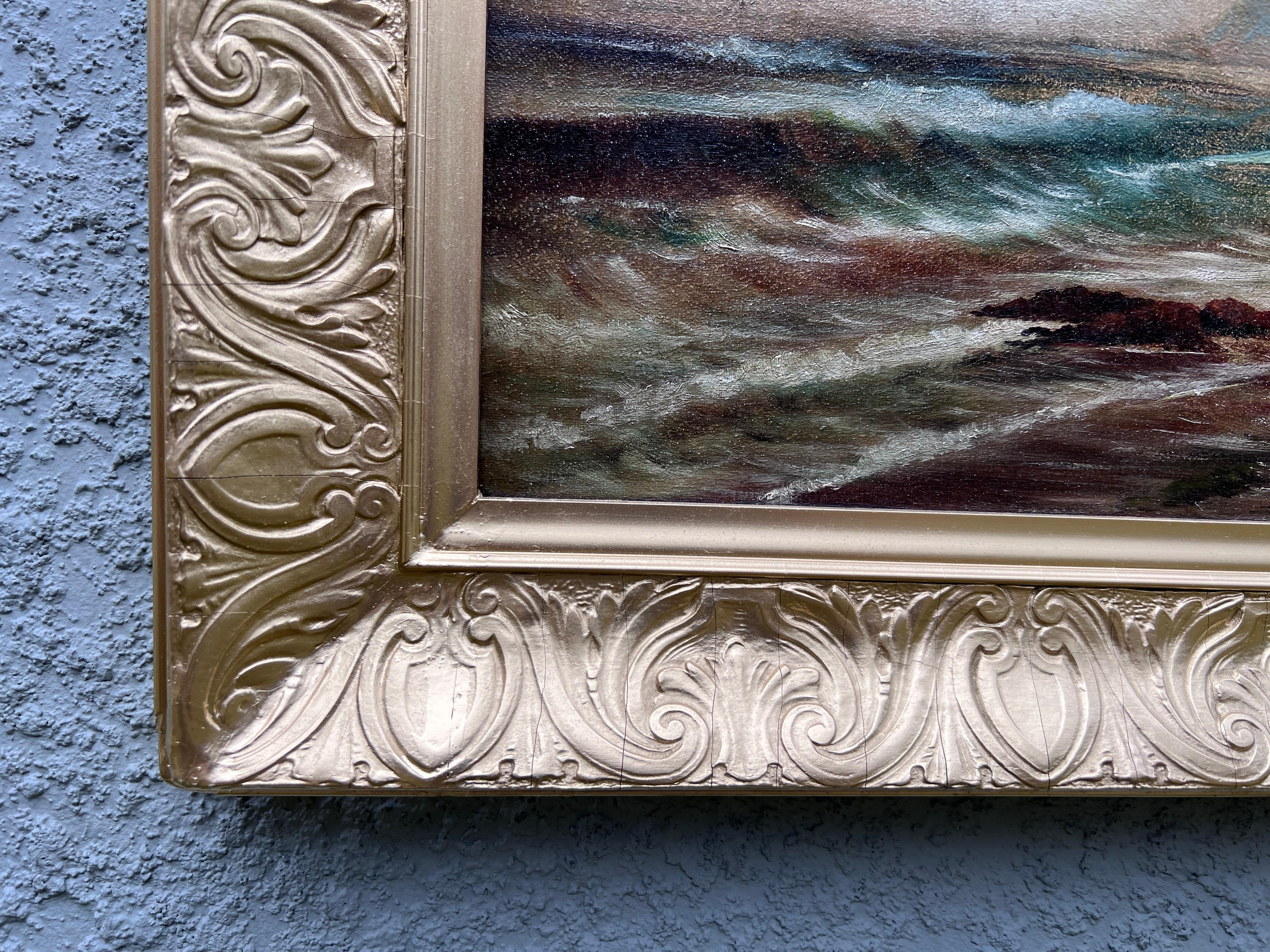 Original 19th century Antique Oil painting on canvas, seascape, Signed, Framed - Landscape Painting Marrone di Unknown