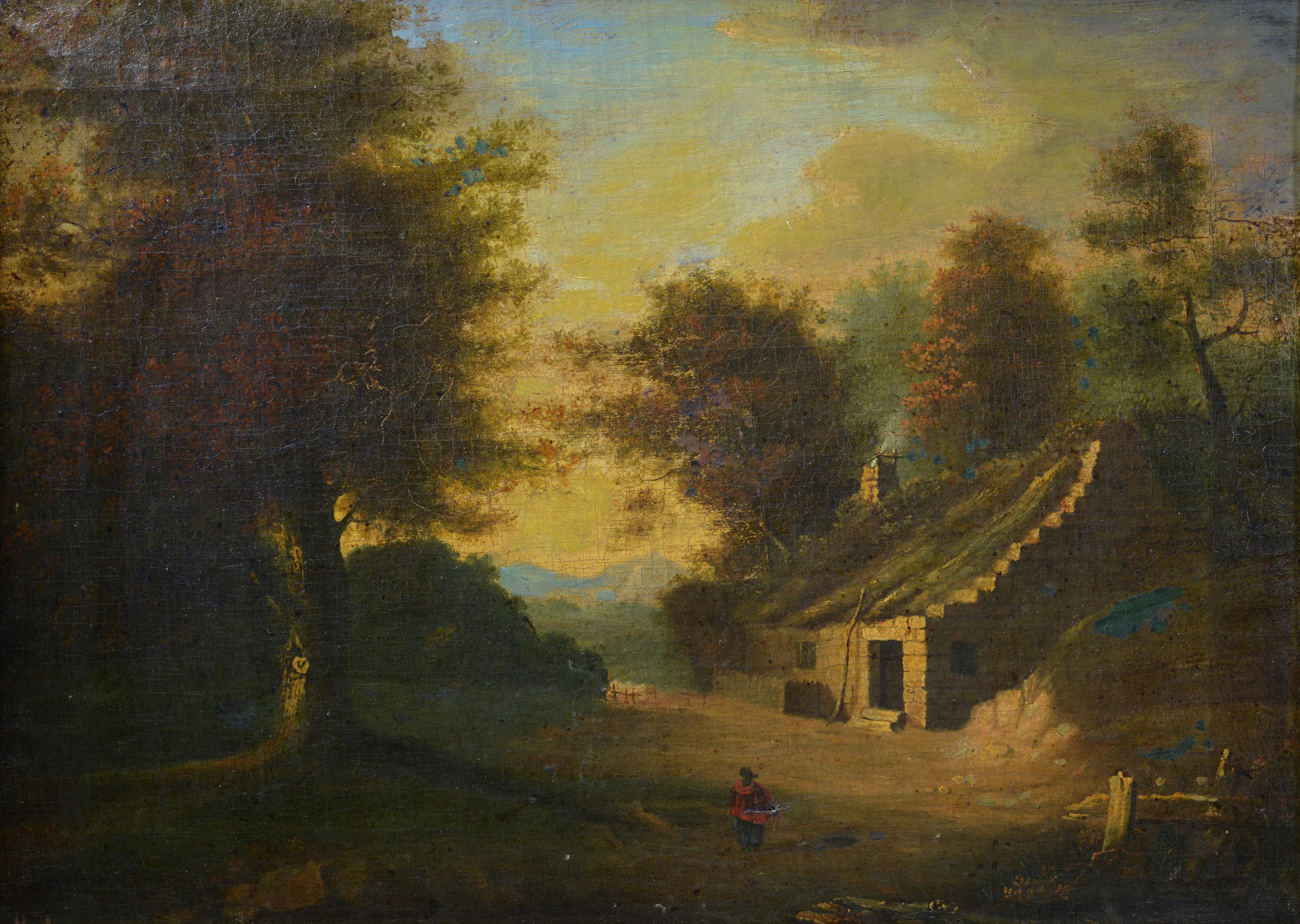 Pintura al óleo original del siglo XIX Paisaje romántico inglés Cabaña de pueblo - Painting de Unknown
