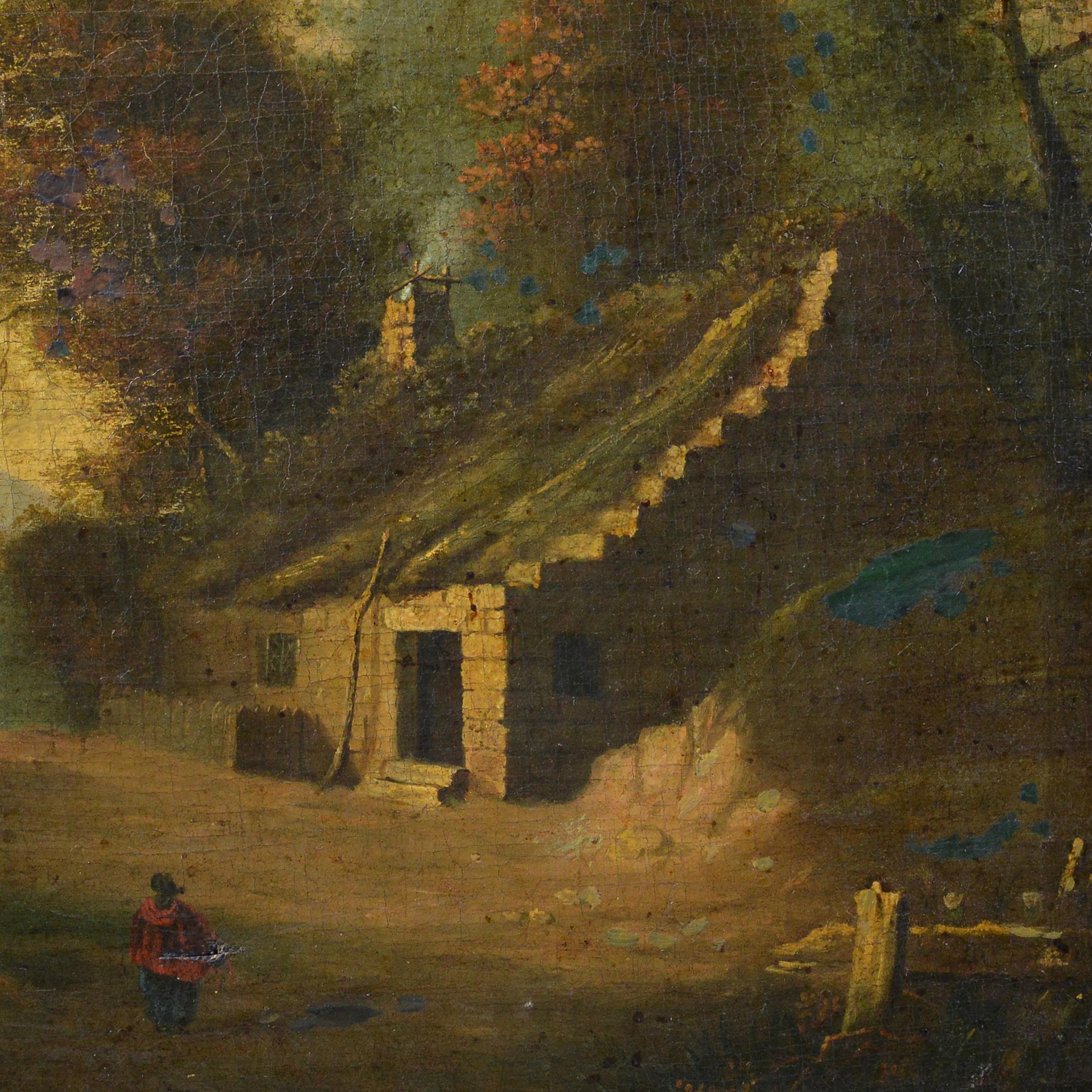 Pintura al óleo original del siglo XIX Paisaje romántico inglés Cabaña de pueblo - Painting Romántico de Unknown