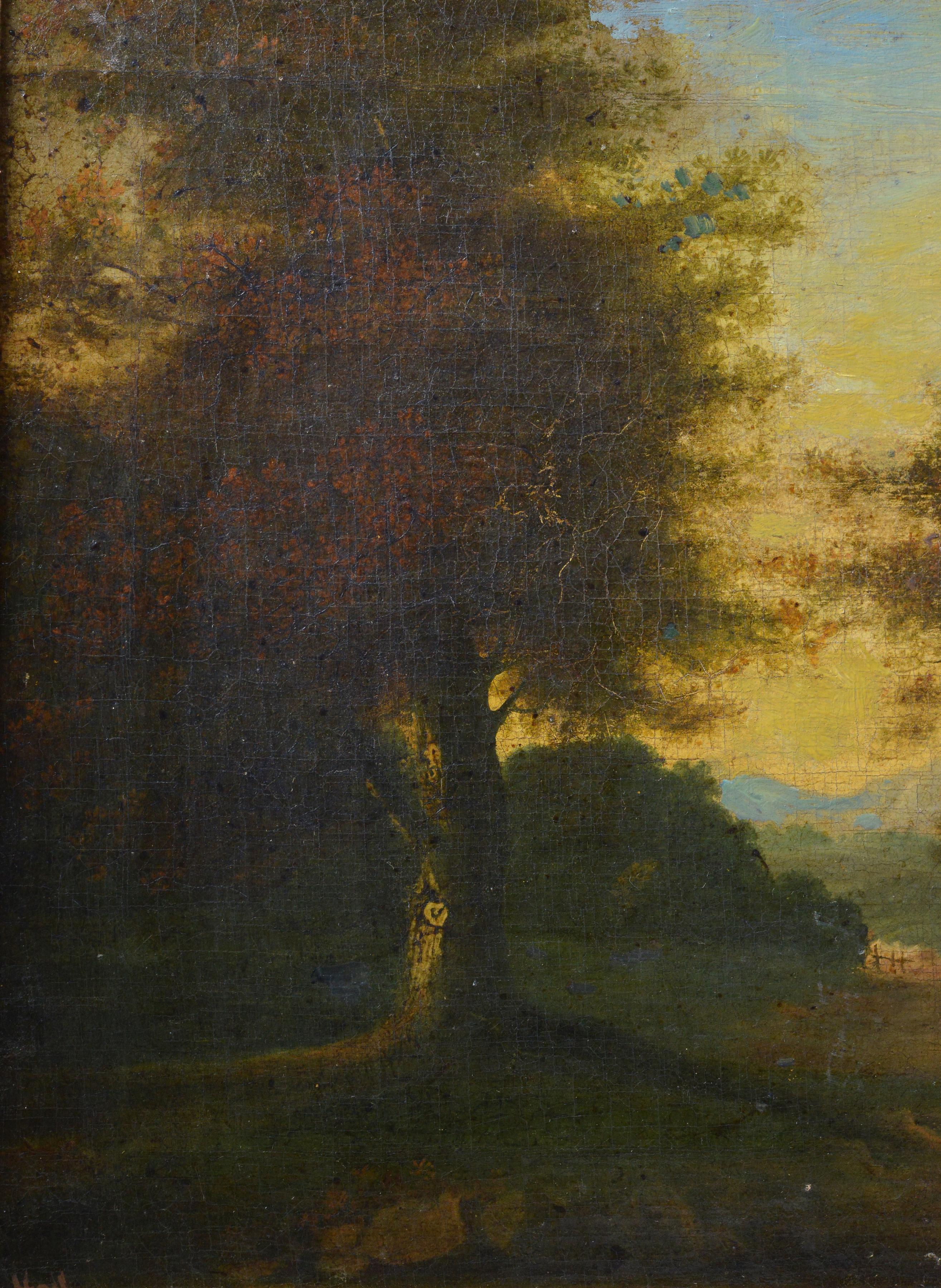 Pintura al óleo original del siglo XIX Paisaje romántico inglés Cabaña de pueblo - Figurative Painting Marrón de Unknown