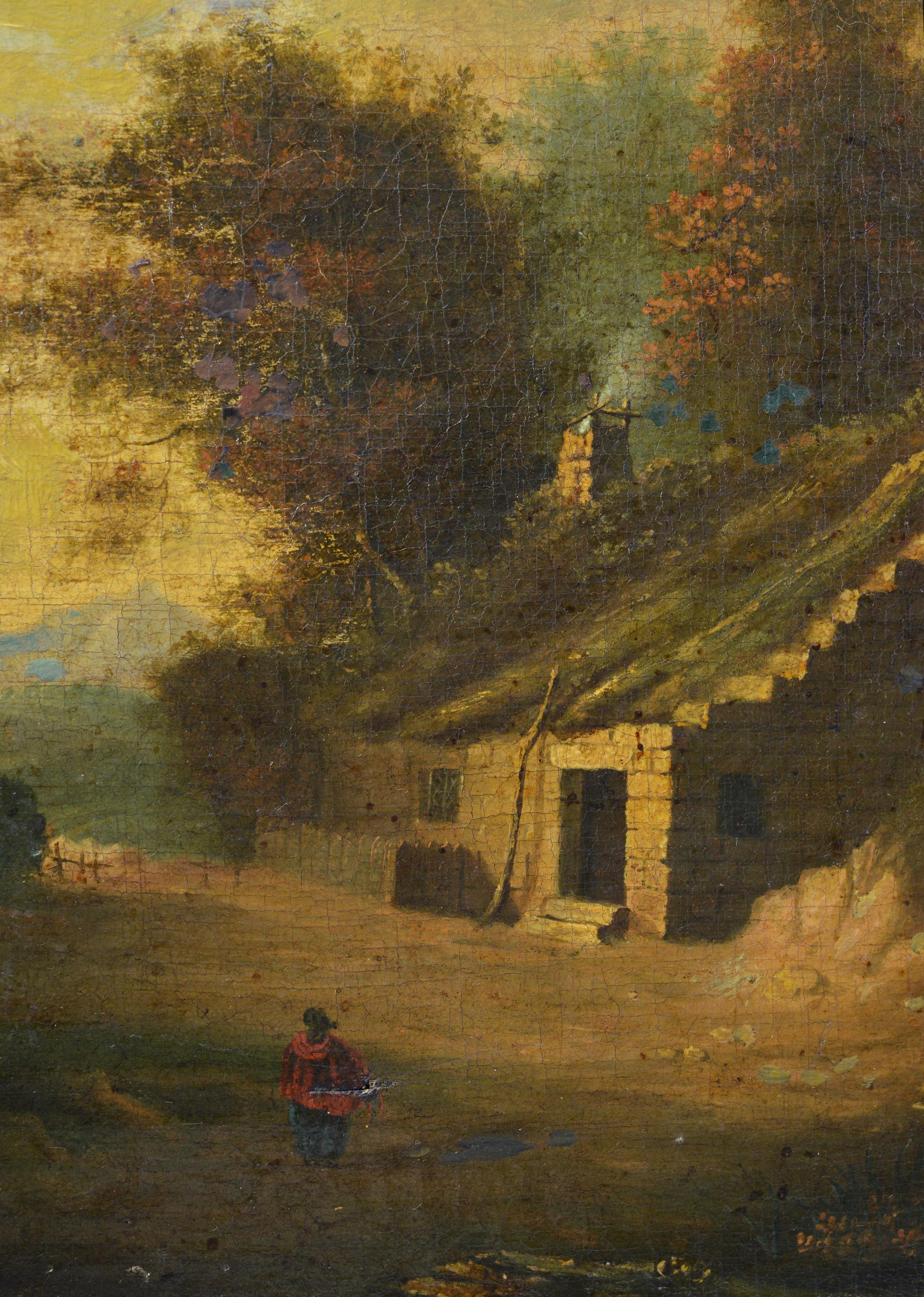 Este cautivador óleo antiguo de principios del siglo XIX presenta una escena pastoral bellamente ejecutada por un maestro inglés desconocido, pero sin duda profesional - firmado abajo a la izquierda con una firma ilegible, posiblemente 