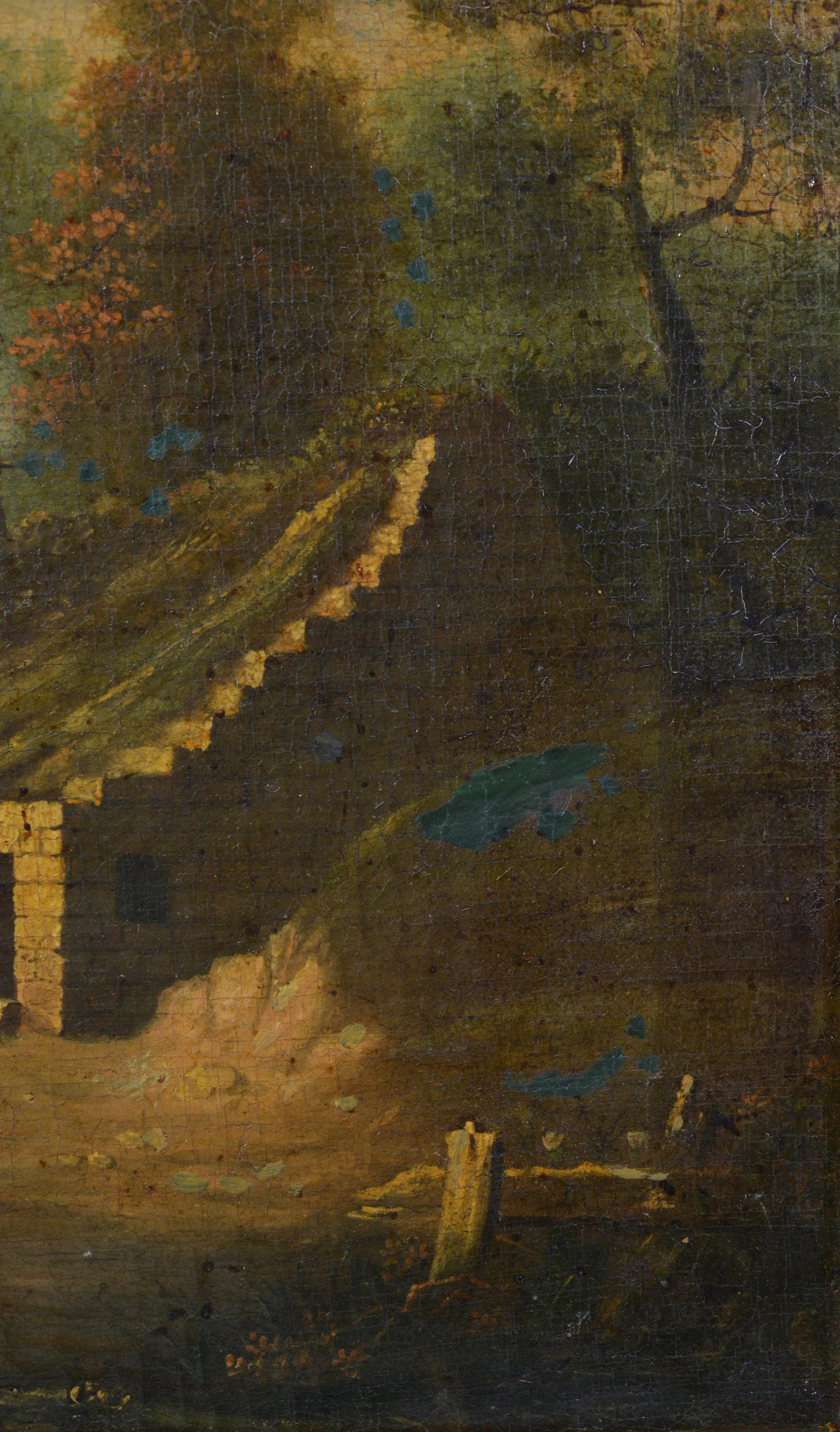 Pintura al óleo original del siglo XIX Paisaje romántico inglés Cabaña de pueblo en venta 1