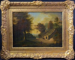 Pintura al óleo original del siglo XIX Paisaje romántico inglés Cabaña de pueblo