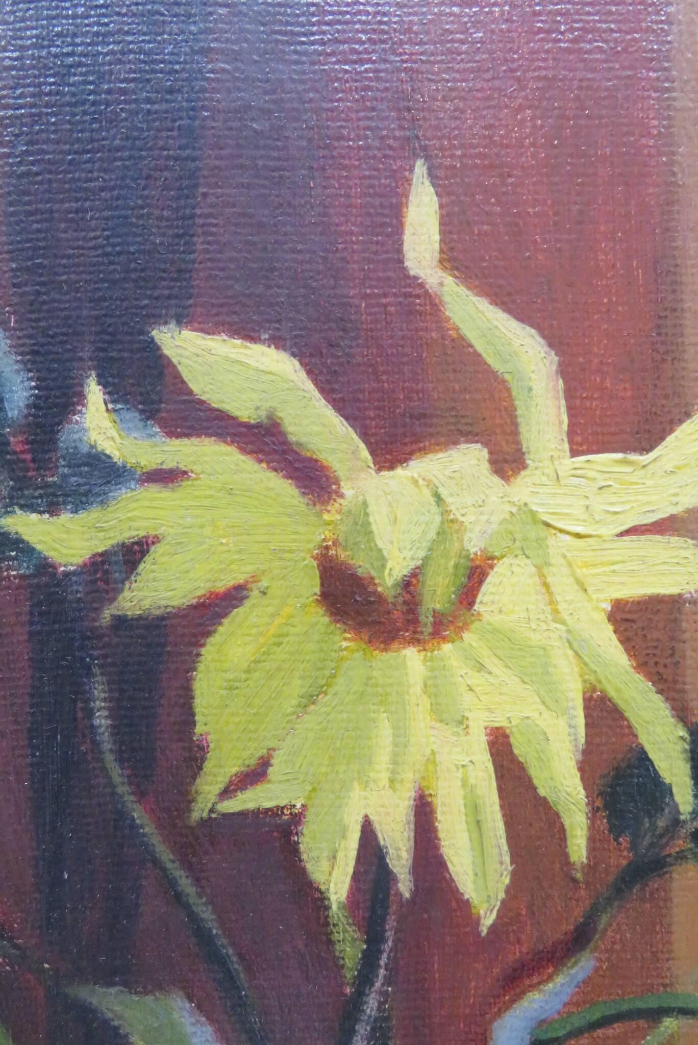 Original 20. Jahrhundert Buntes Ölgemälde Impressionist Stillleben Blumen (Braun), Figurative Painting, von Unknown