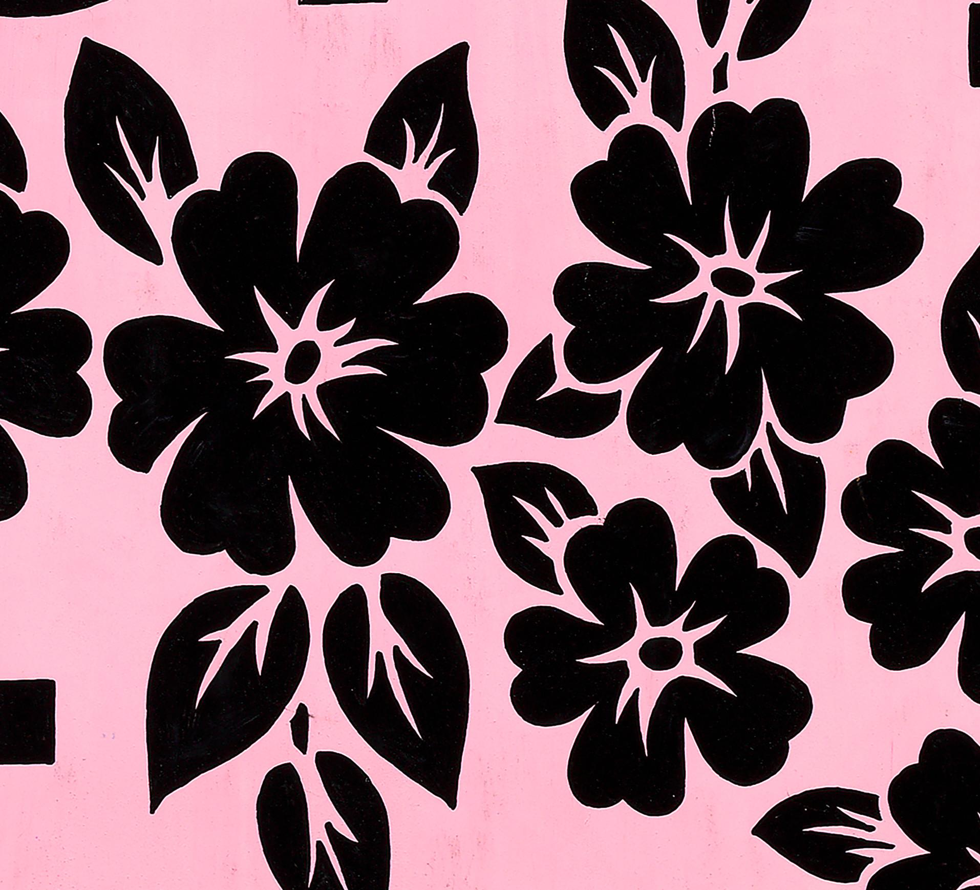 Conception textile originale des années 70 peinte à la main à la gouache, couleur rose et noire sur papier - Art de Unknown