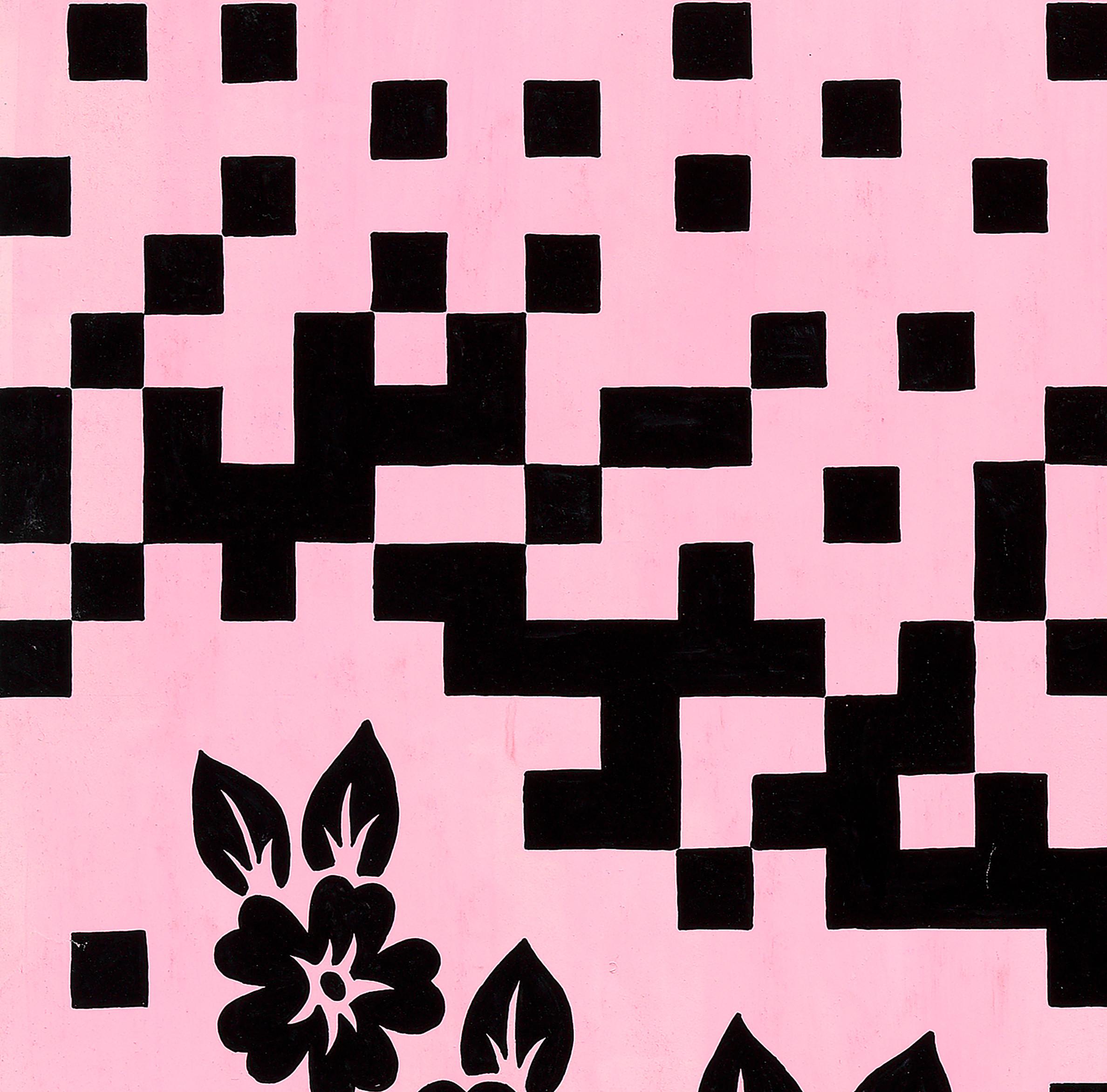 Conception textile originale des années 70 peinte à la main à la gouache, couleur rose et noire sur papier - Moderne Art par Unknown