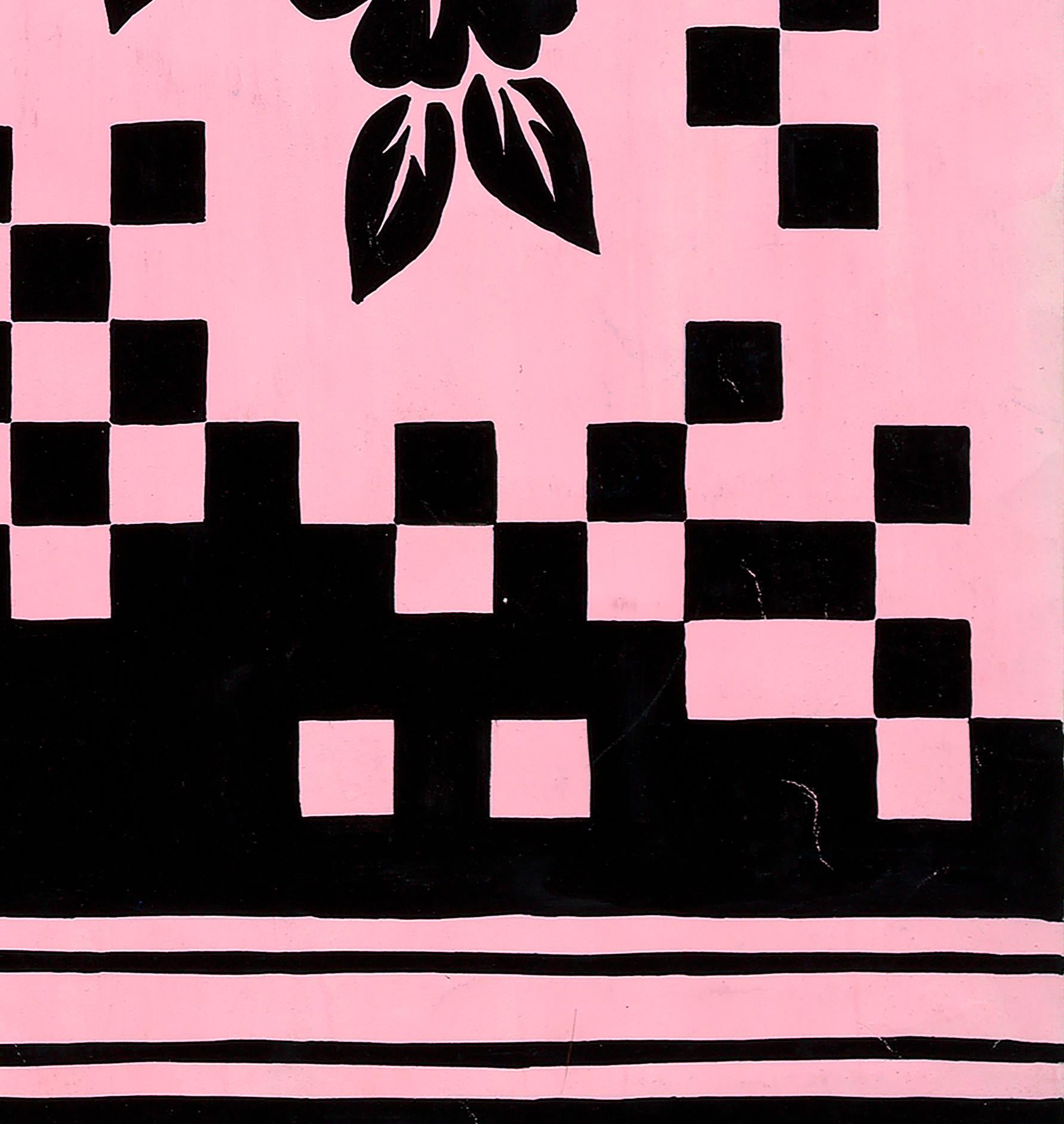Conception textile originale des années 70 peinte à la main à la gouache, couleur rose et noire sur papier - Rose Still-Life par Unknown
