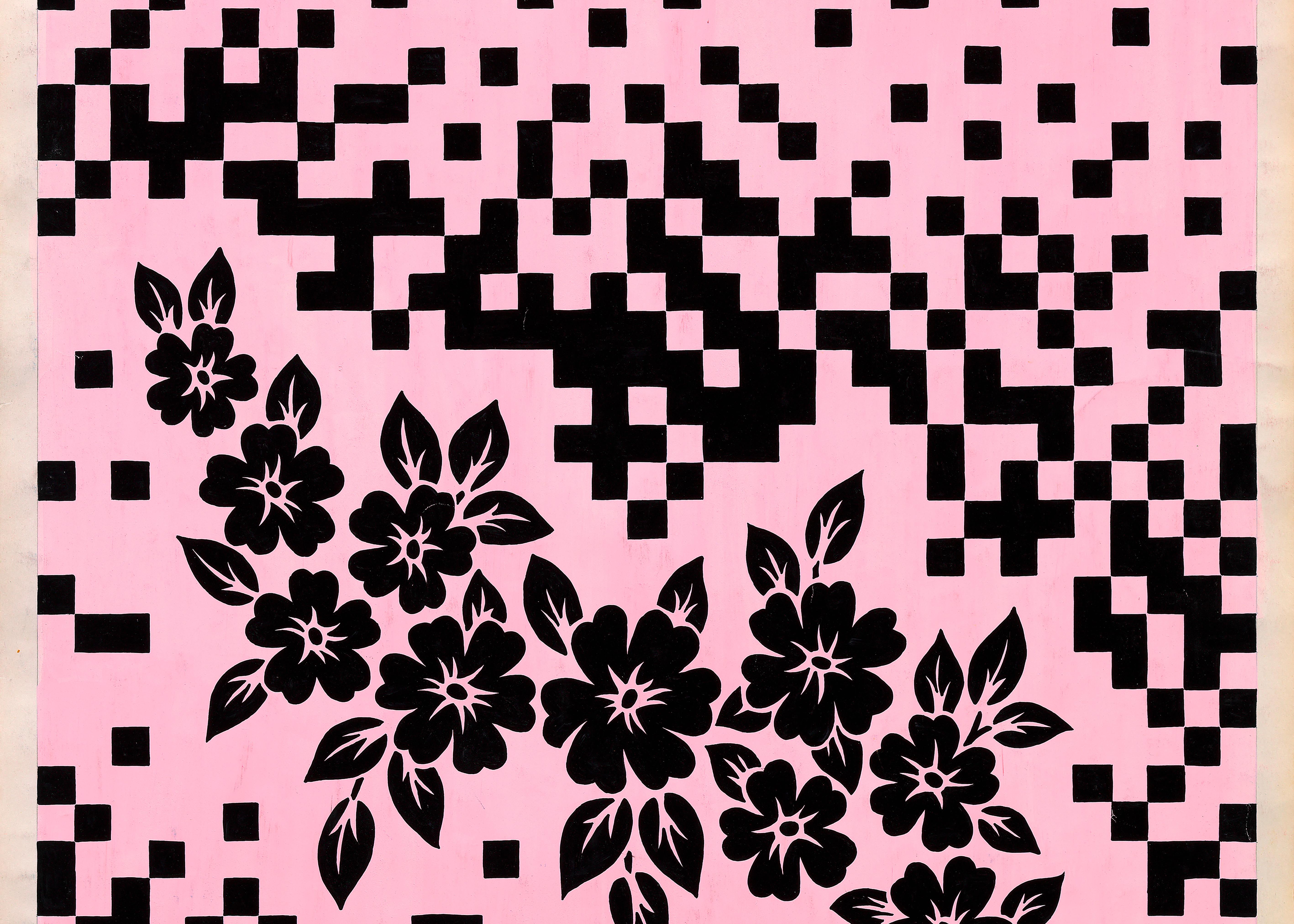 Conception textile originale des années 70 peinte à la main à la gouache, couleur rose et noire sur papier en vente 1