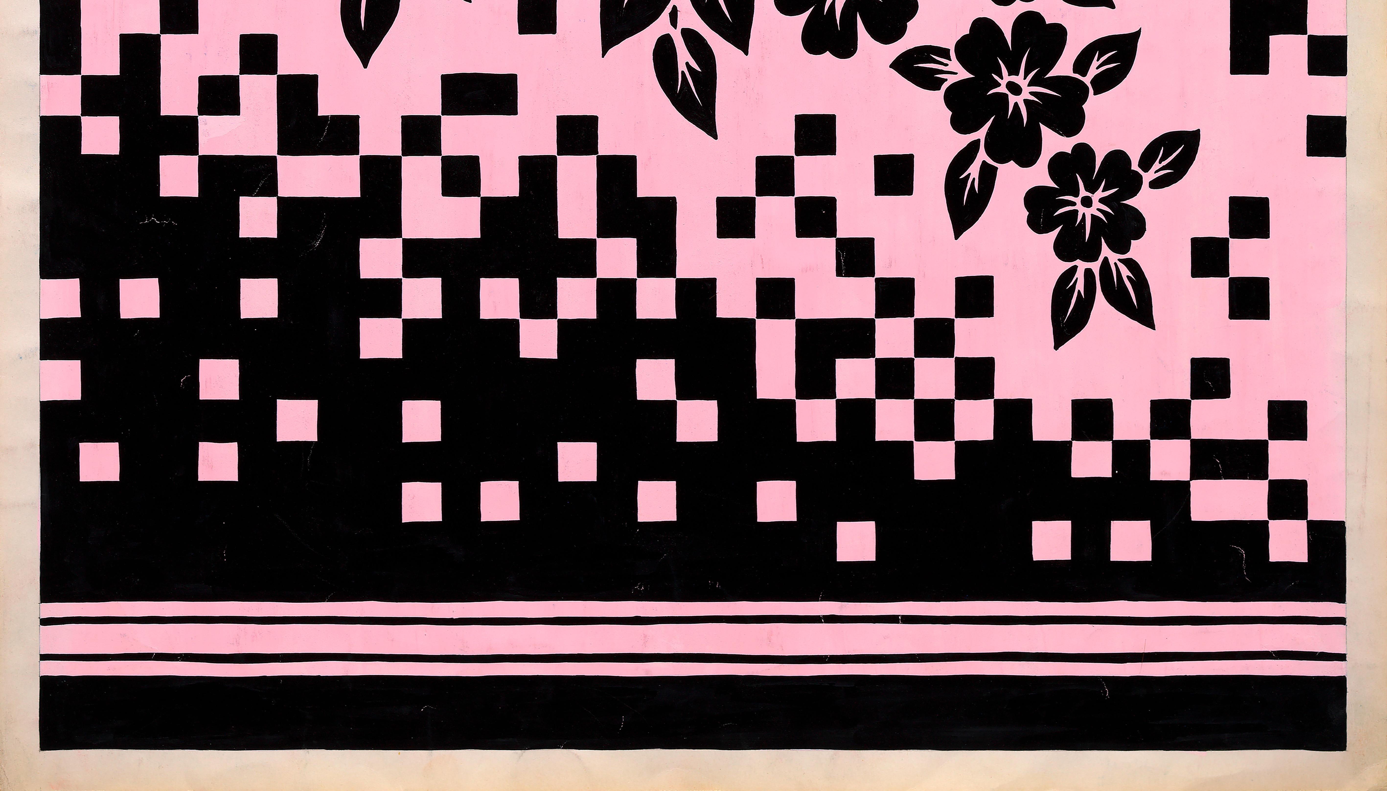 Original 70's Hand Painted Textile Design Gouache Pink & Black Color on Paper For Sale 4