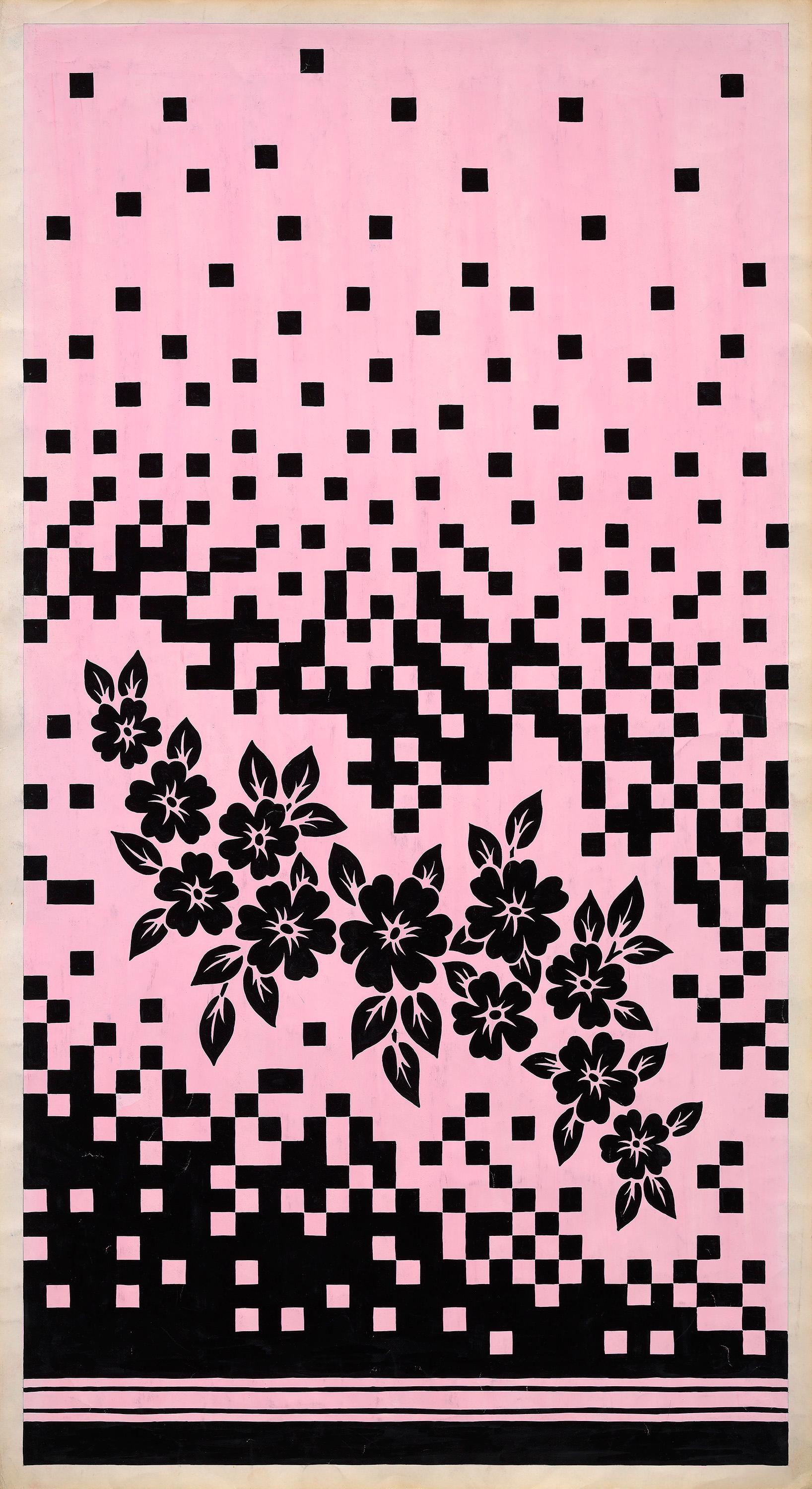 Conception textile originale des années 70 peinte à la main à la gouache, couleur rose et noire sur papier