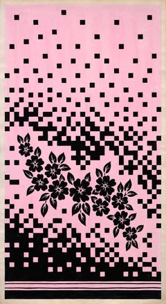 Vintage Original 70's Hand Painted Textile Design Gouache Pink & Black Color on Paper