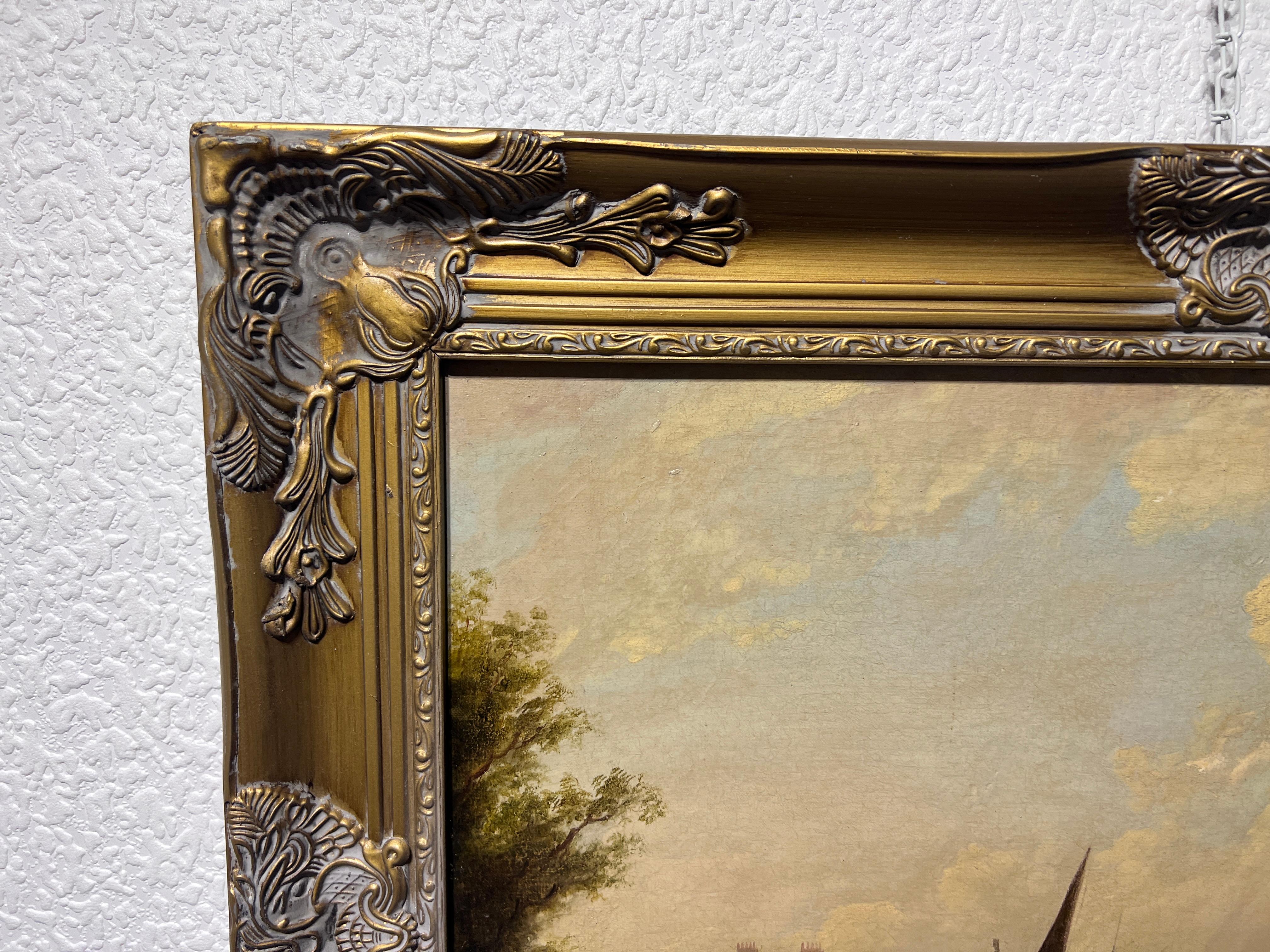 Up&Up est une peinture à l'huile sur toile de Duch représentant une scène de rivière tranquille, probablement du 18ème ou 19ème siècle, sur fond d'une ville européenne en pleine effervescence. Un pont aux multiples arches enjambe la rivière,