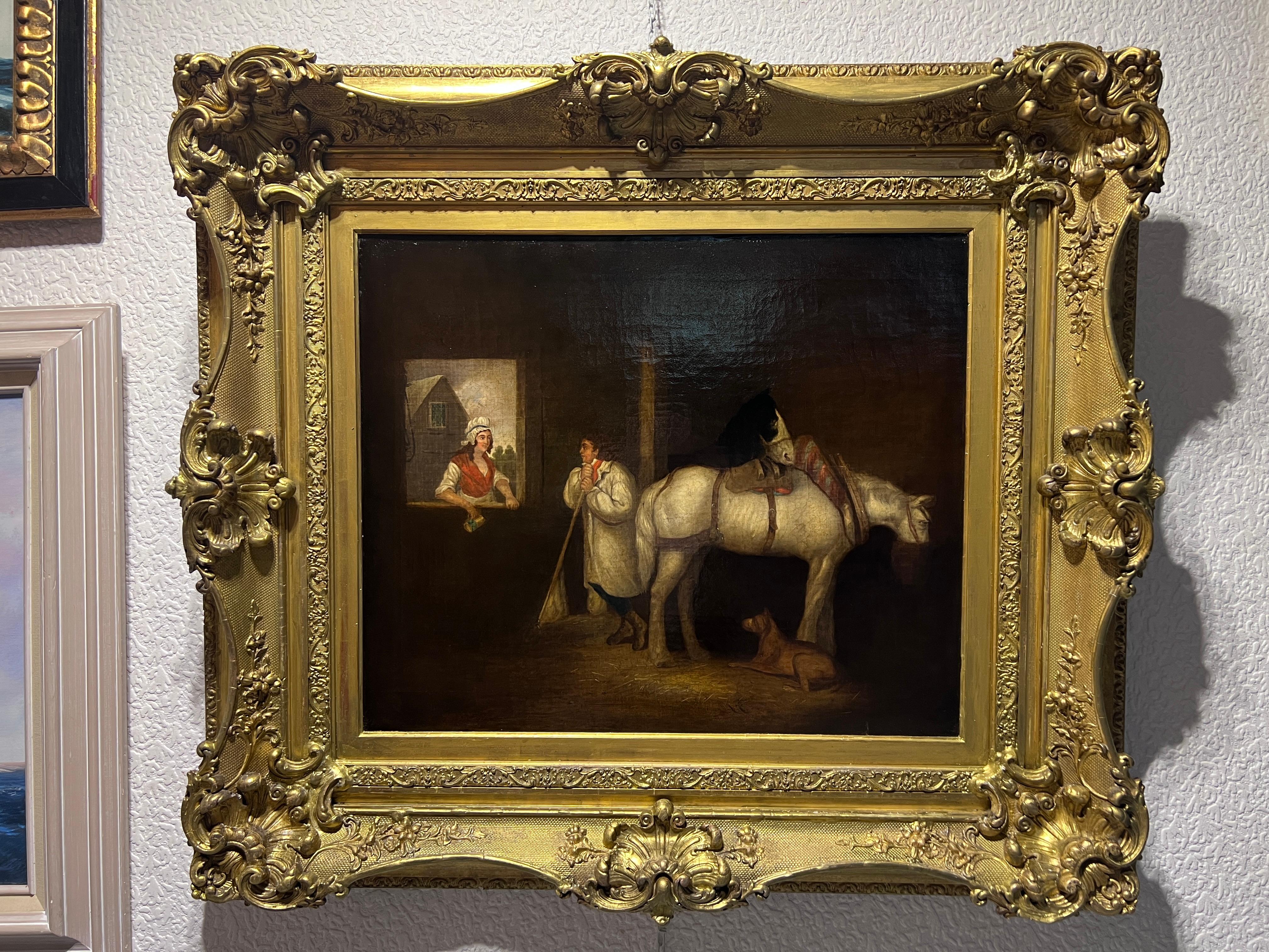 Original Antiquités 19ème siècle peinture à l'huile sur toile Scène de genre, cadre magnifique - Marron Figurative Painting par Unknown